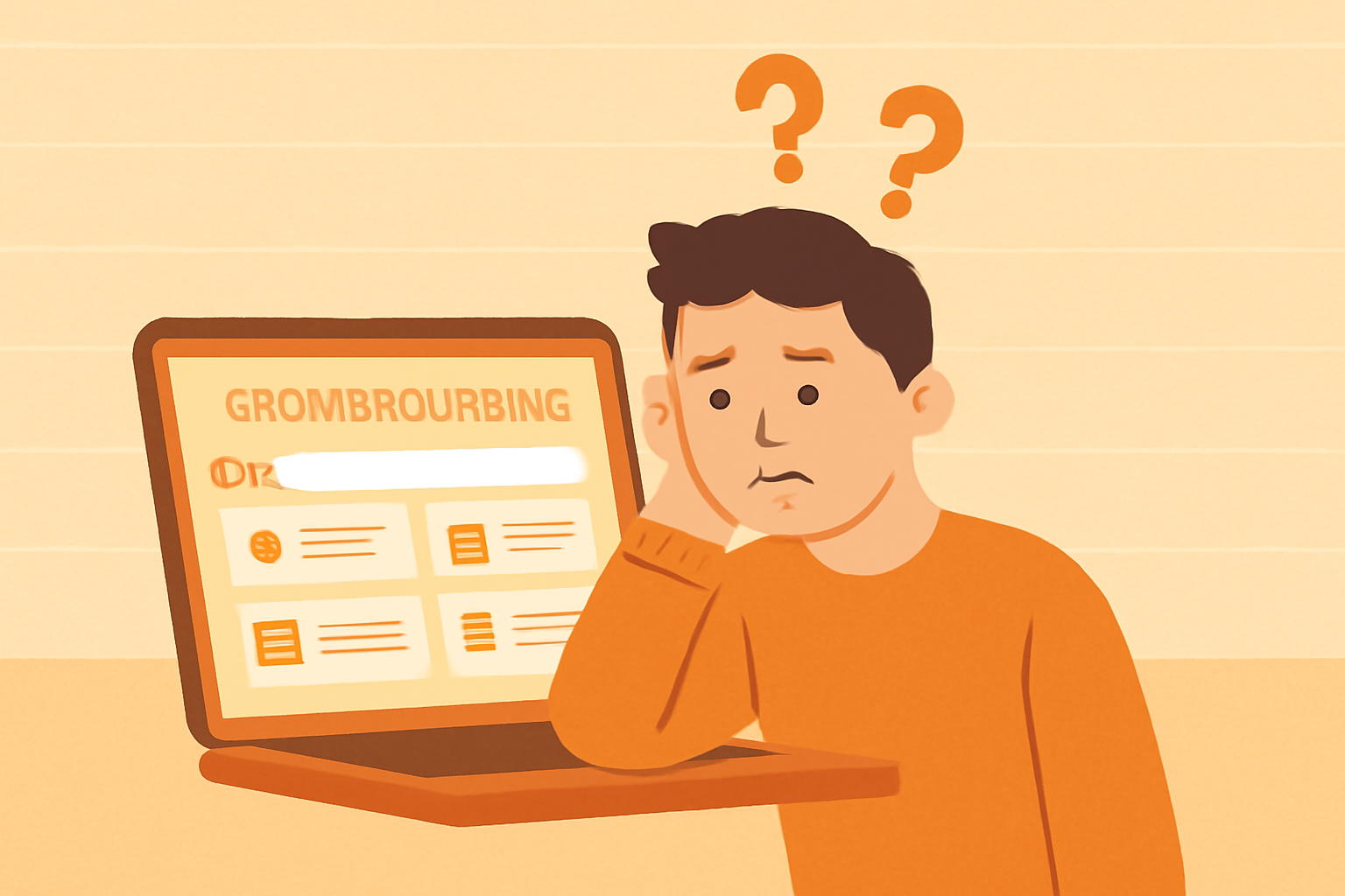 パソコン画面にクラウドソーシングサイトが映っている場面で、ユーザーが困惑した表情をしているフラットイラスト、暖色系、テキ