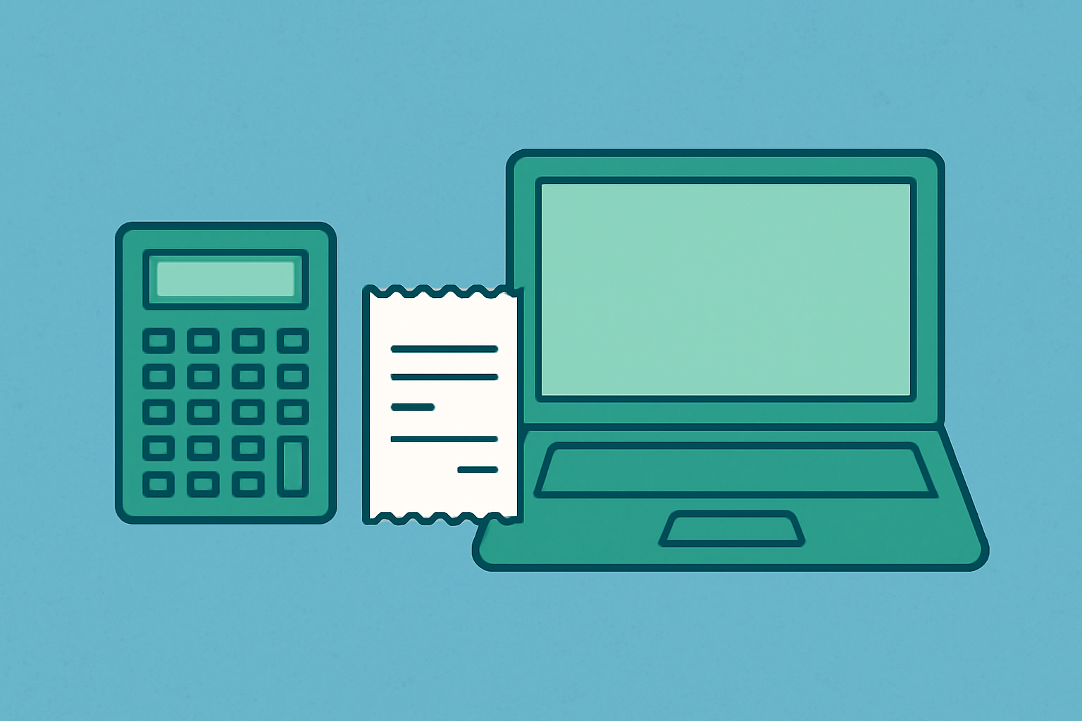 デスクの上に電卓、領収書、ノートパソコンが並んでいるフラットイラスト、青と緑の配色、テキストなし