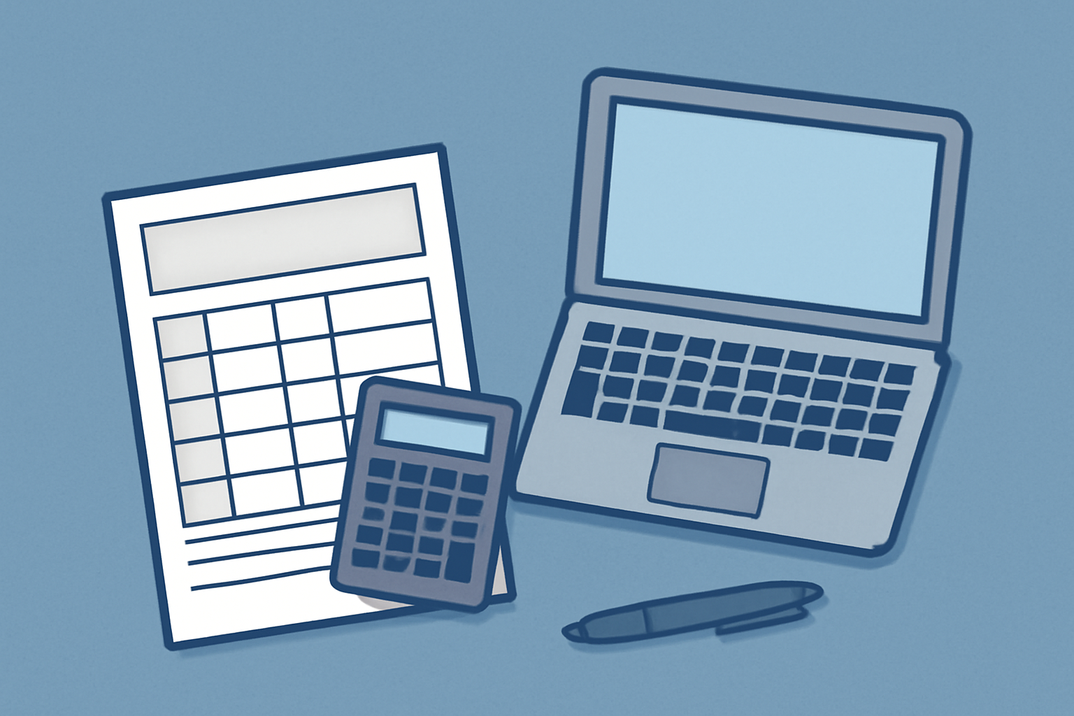 確定申告書類とノートパソコンが置かれたデスクのフラットイラスト、青とグレーのカラー、テキストなし