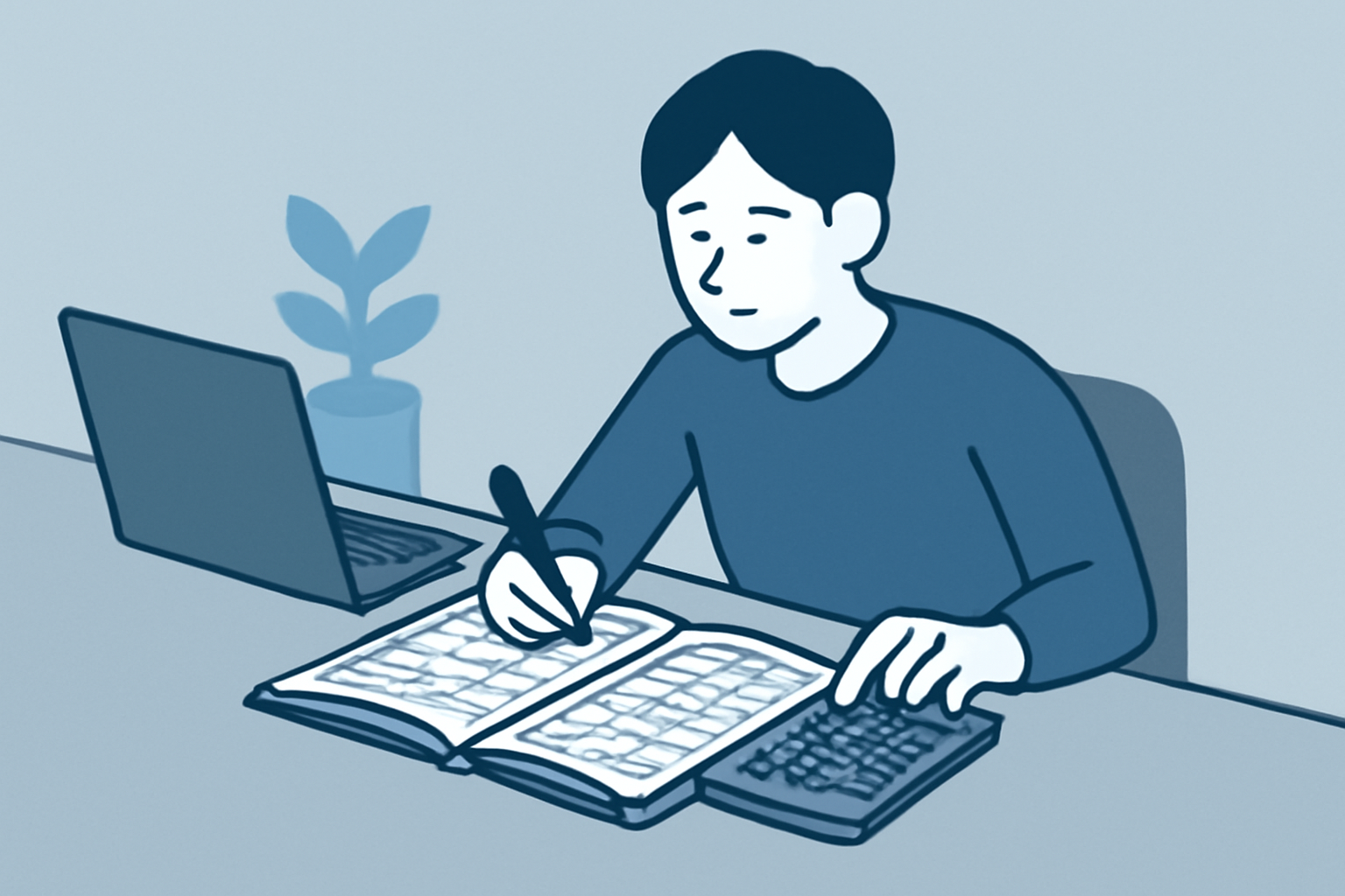 個人事業主がパソコンの前で電卓と帳簿を広げて経費計算をしているフラットイラスト、青とグレーの配色、テキストなし