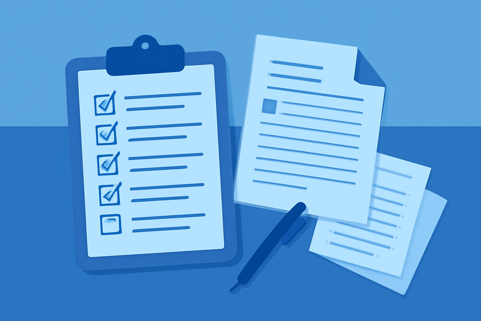 デスクの上にチェックリストと書類が並んでいるフラットイラスト、青系カラー、テキストなし