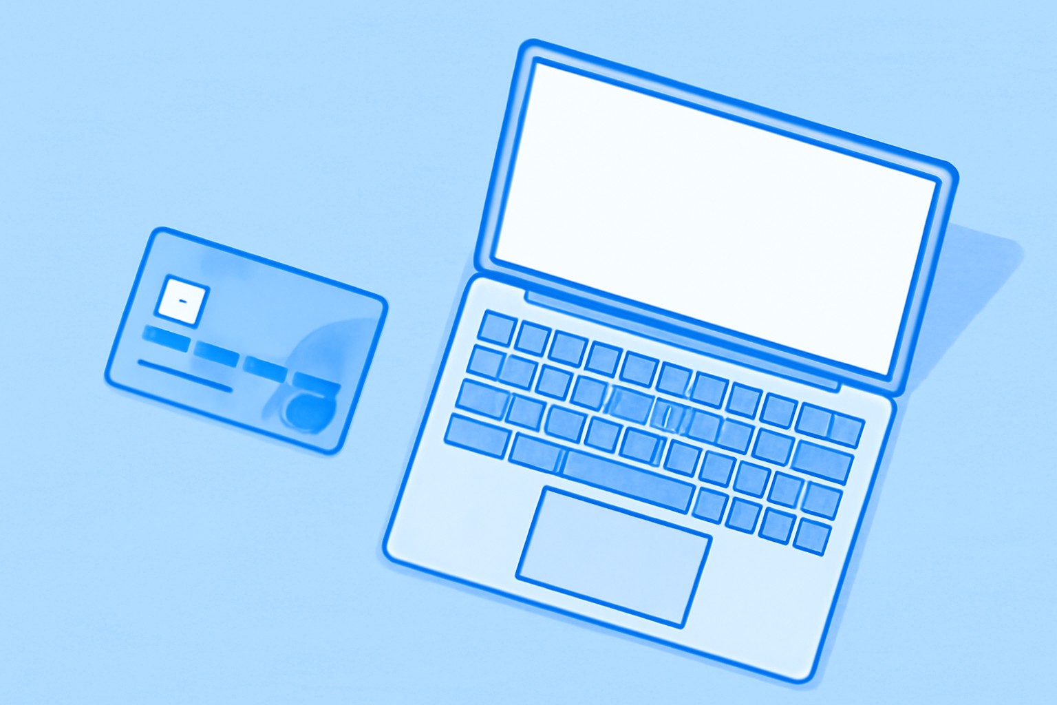 デスクの上にクレジットカードとノートパソコンが置かれたフラットレイ構図のイラスト、青と白の配色、テキストなし
