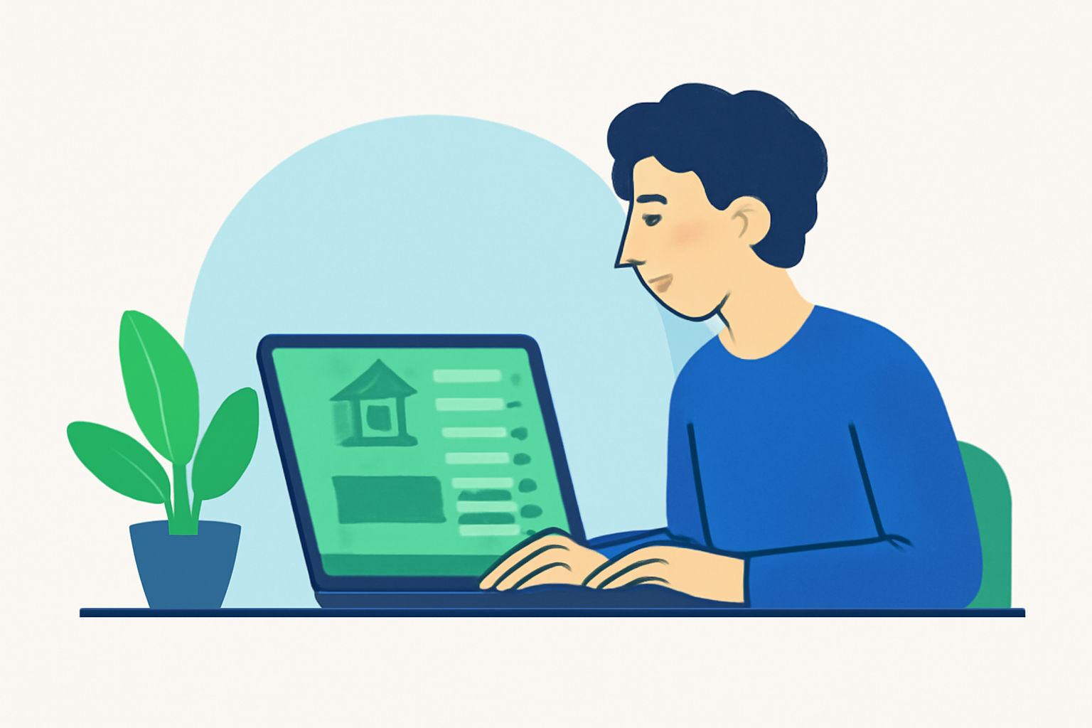 フリーランスがノートパソコンで銀行口座の管理画面を確認しているフラットイラスト、青と緑のカラー、テキストなし