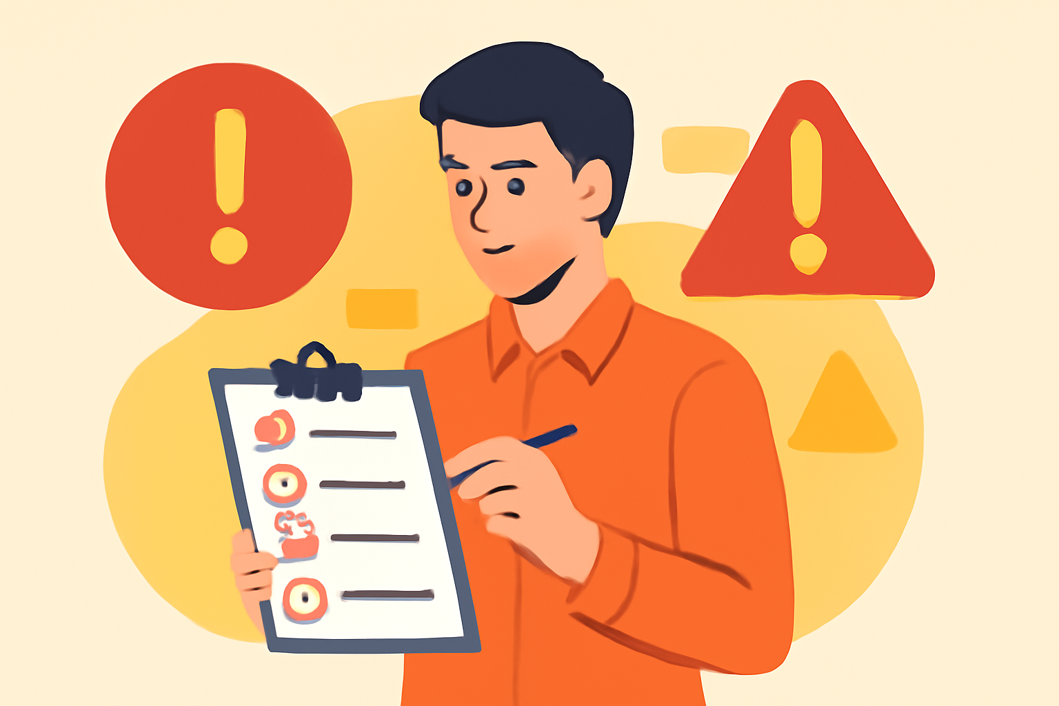 チェックリストを手に持ち、危険な案件を選別している人物のフラットイラスト、赤と黄色の警告色、テキストなし