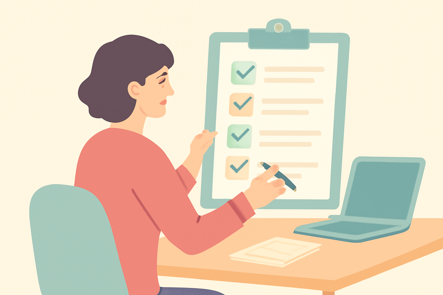 勘定科目が整理されたチェックリストを確認しているフリーランスのフラットイラスト、パステルカラー、テキストなし