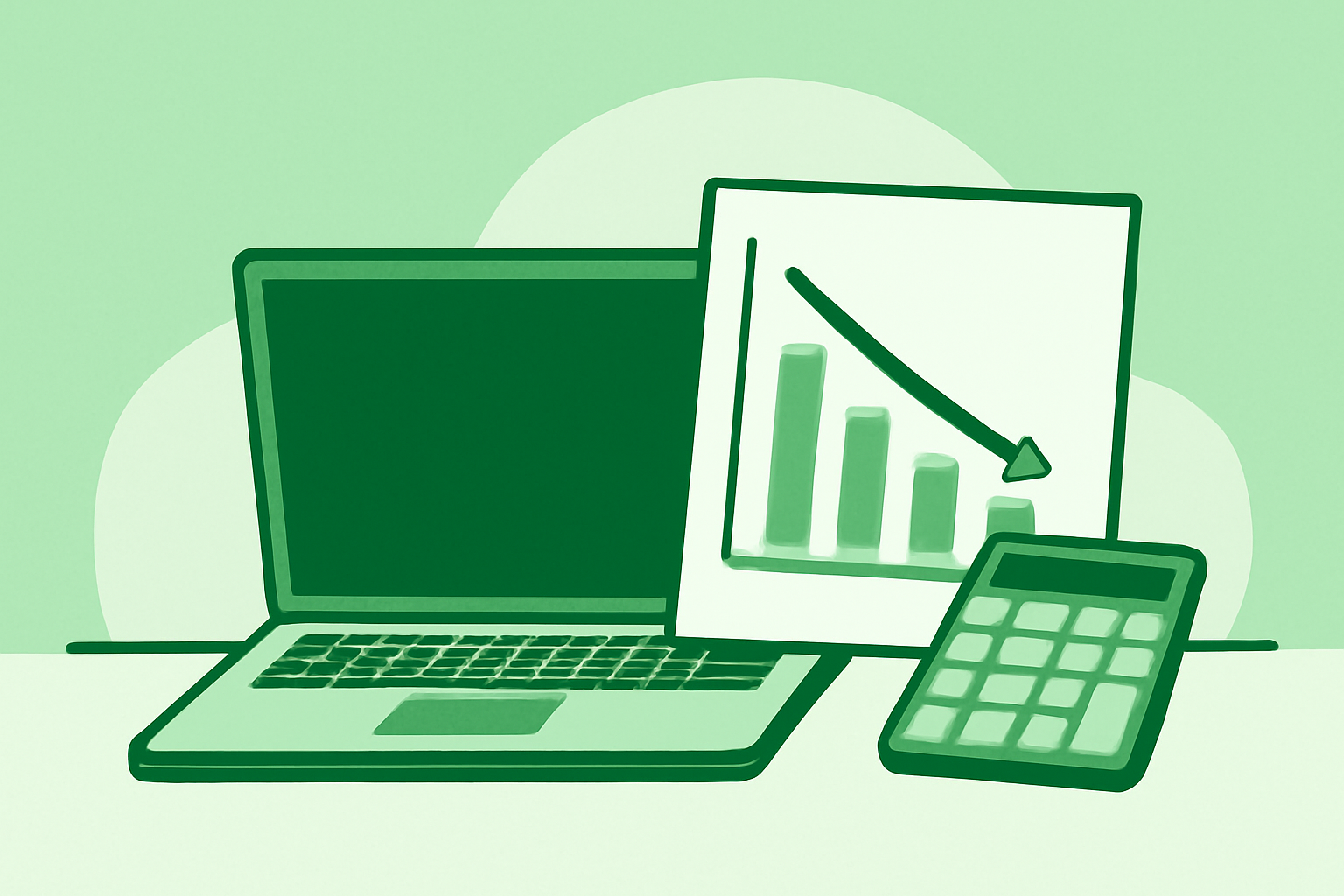 ノートパソコンと電卓が並んだデスクの上に減価償却のグラフが表示されているフラットイラスト、緑と白の配色、テキストなし