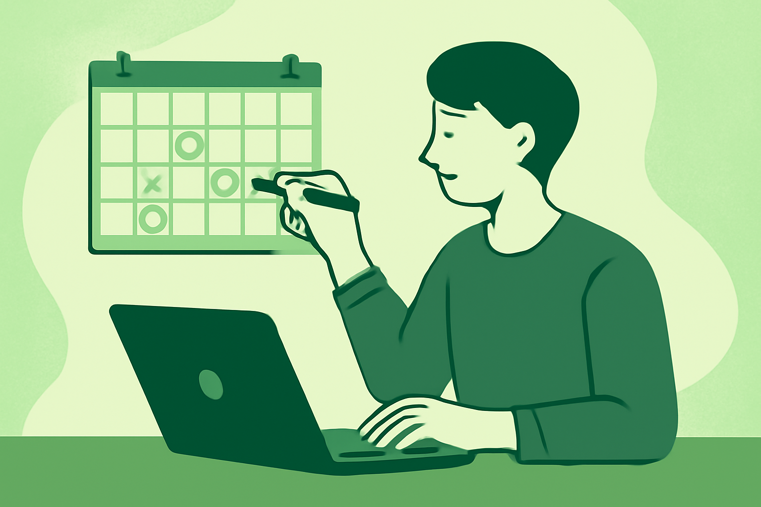 カレンダーに丸をつけながらノートパソコンで準備を進めている人物のフラットイラスト、緑系カラー、テキストなし