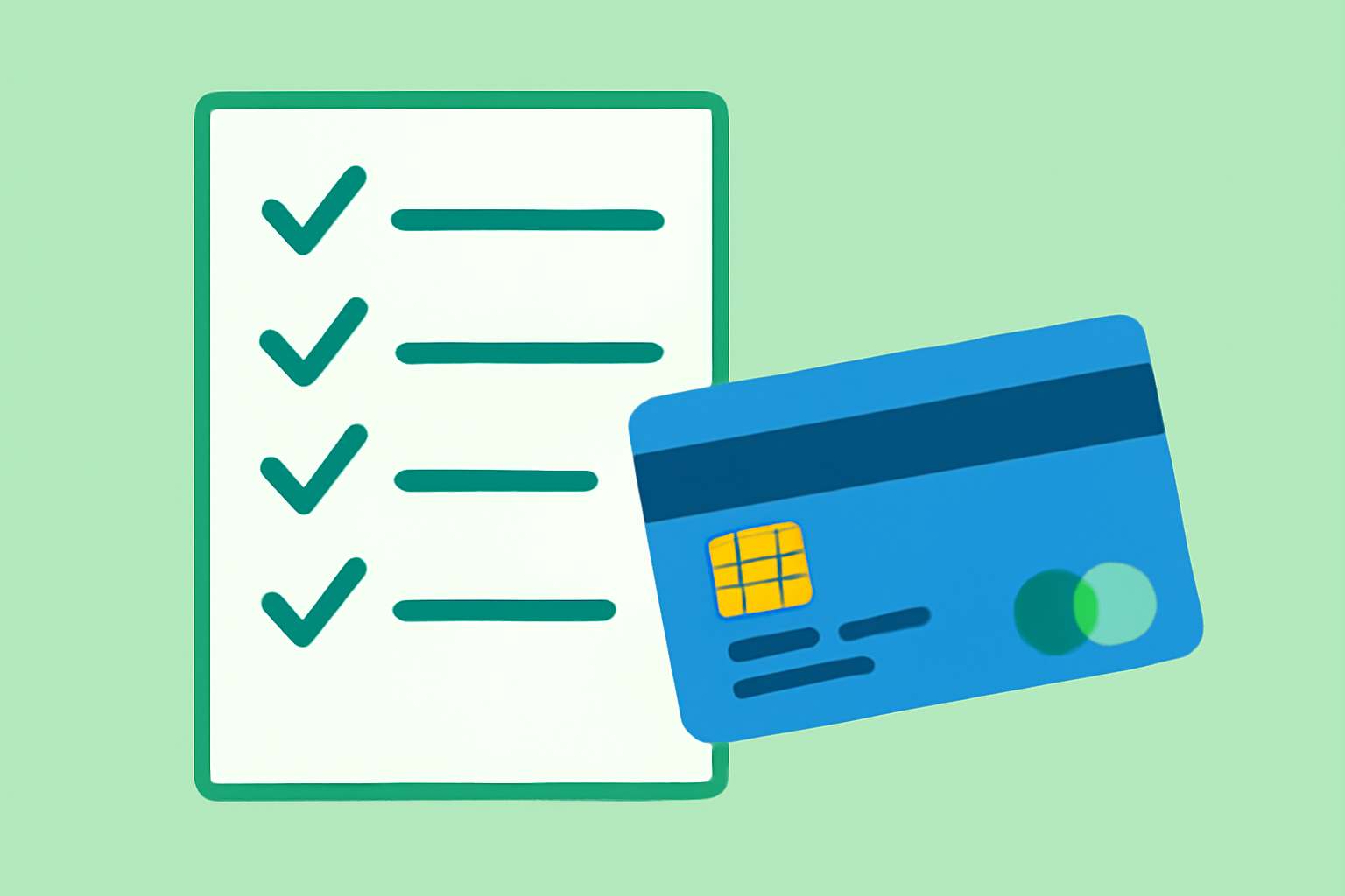 4つの項目が並んだチェックリストとクレジットカードのフラットイラスト、緑と青の配色、テキストなし