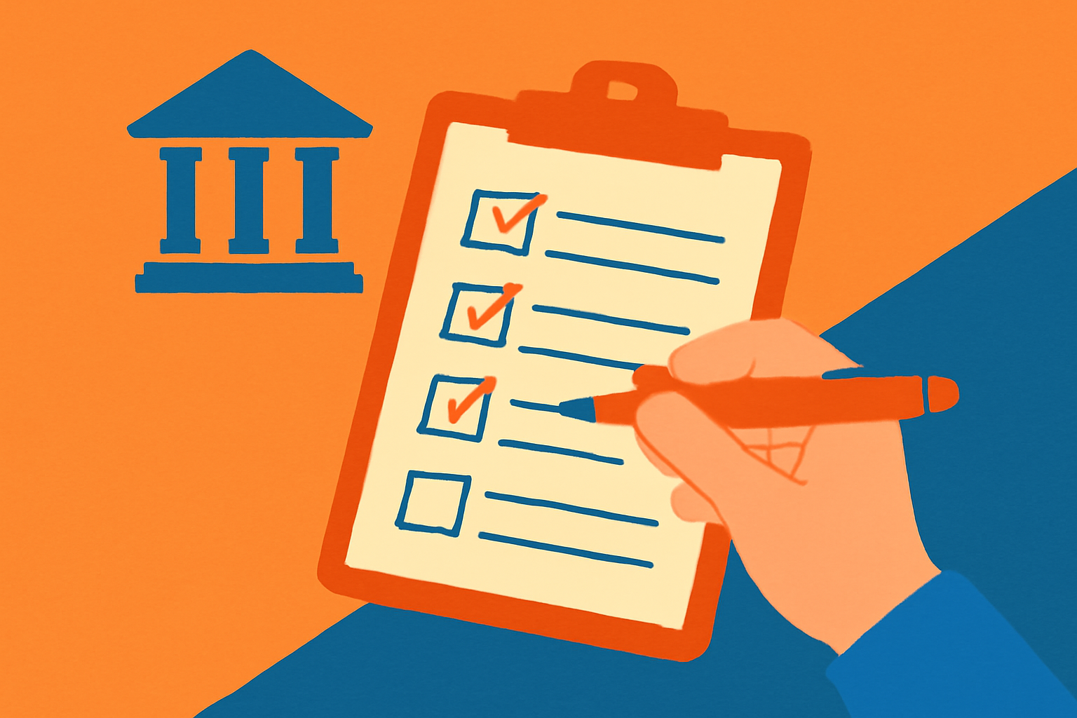 銀行選びの比較チェックリストをペンで確認している手元のフラットイラスト、オレンジと青のカラー、テキストなし