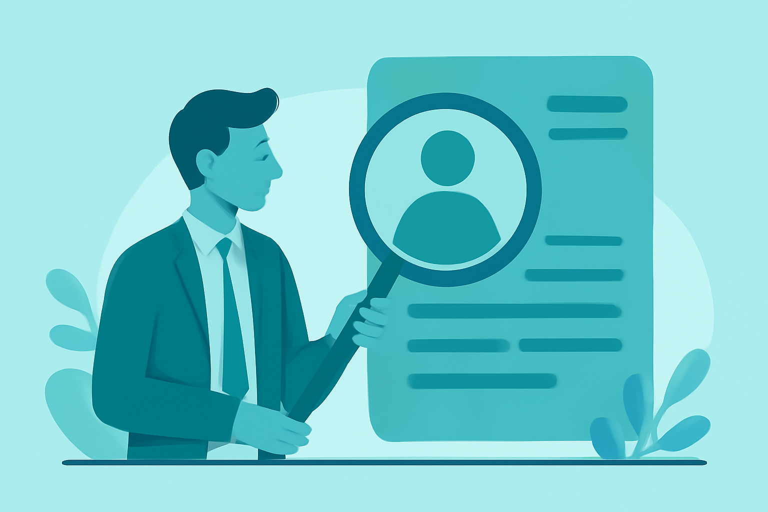 虫眼鏡でクライアントプロフィールを拡大して確認しているイメージのフラットイラスト、青緑系、テキストなし