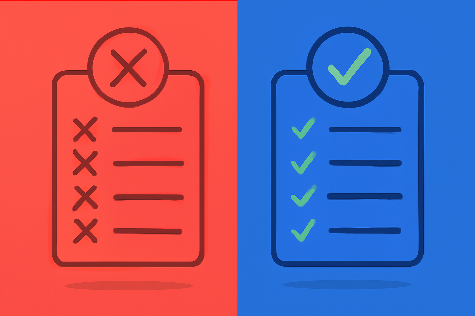 バツ印のついたリストとチェックマークのついたリストを比較するフラットイラスト、赤と青のコントラスト、テキストなし