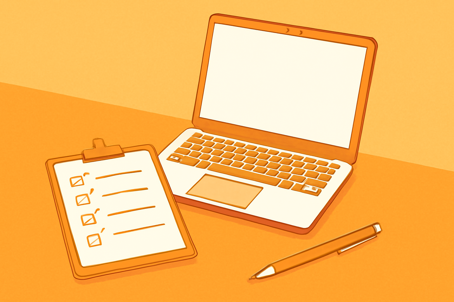 チェックリストとペンが置かれたデスクにノートパソコンがあるフラットイラスト、オレンジと白の配色、テキストなし