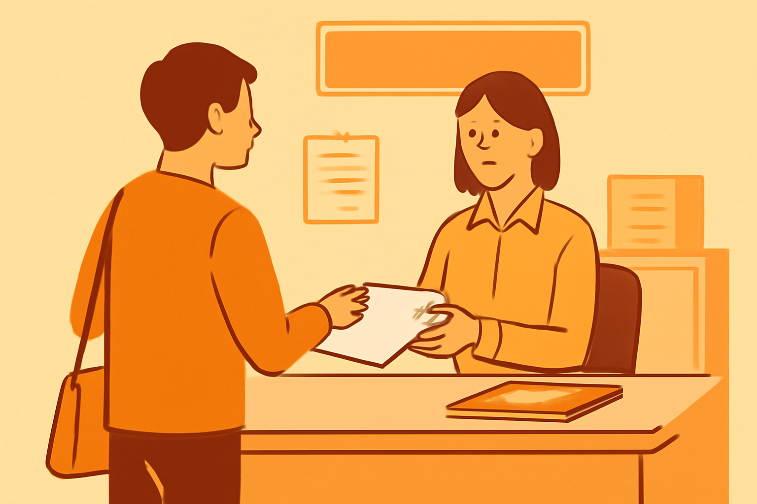 役所の窓口で書類を提出している人物のフラットイラスト、オレンジ系カラー、テキストなし