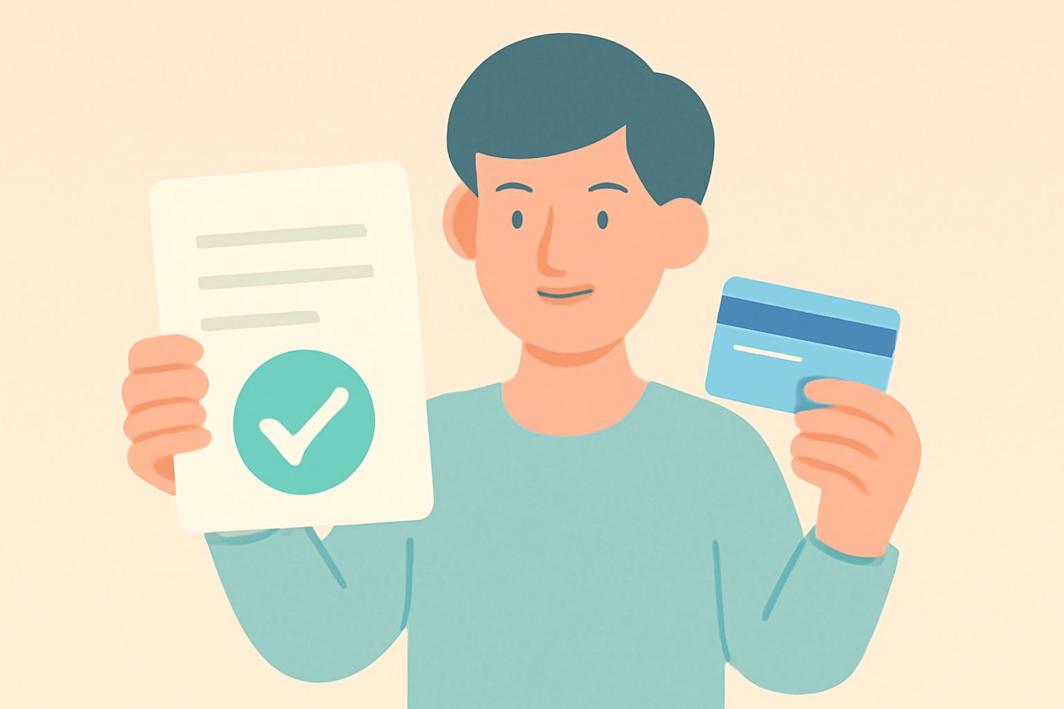 チェックマークが付いた審査書類とカードを持つ人のフラットイラスト、パステルカラー、テキストなし