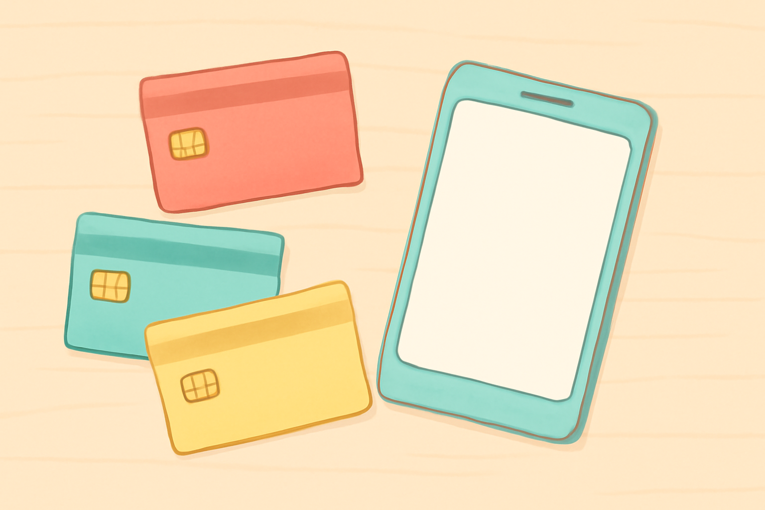 複数の銀行カードとスマートフォンが机の上に並んでいるフラットイラスト、パステルカラー、テキストなし