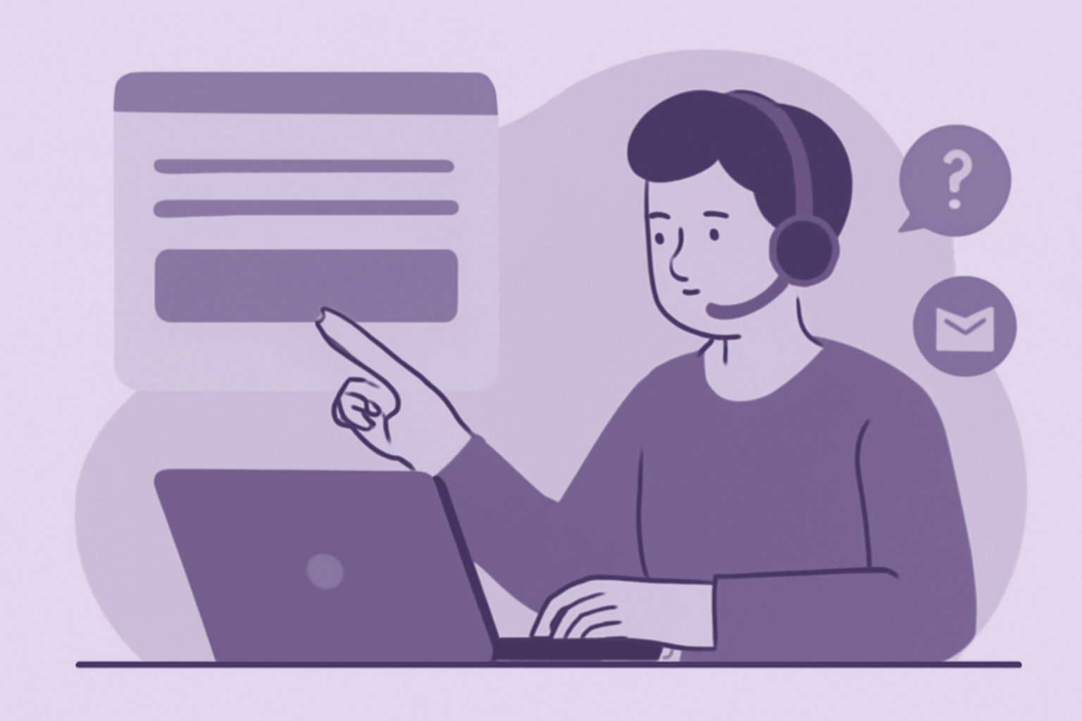 問い合わせフォームやサポートに連絡している人物のフラットイラスト、落ち着いた紫系、テキストなし
