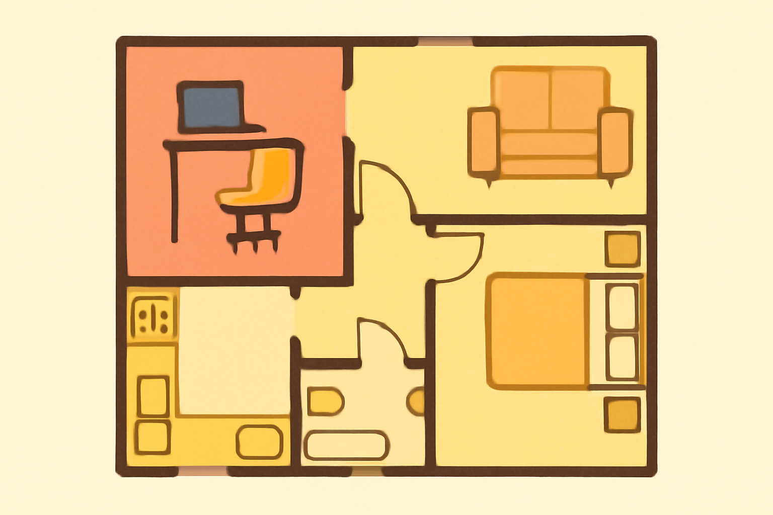自宅の間取り図に仕事スペースの割合を色分けして示すフラットイラスト、明るい色合い、テキストなし
