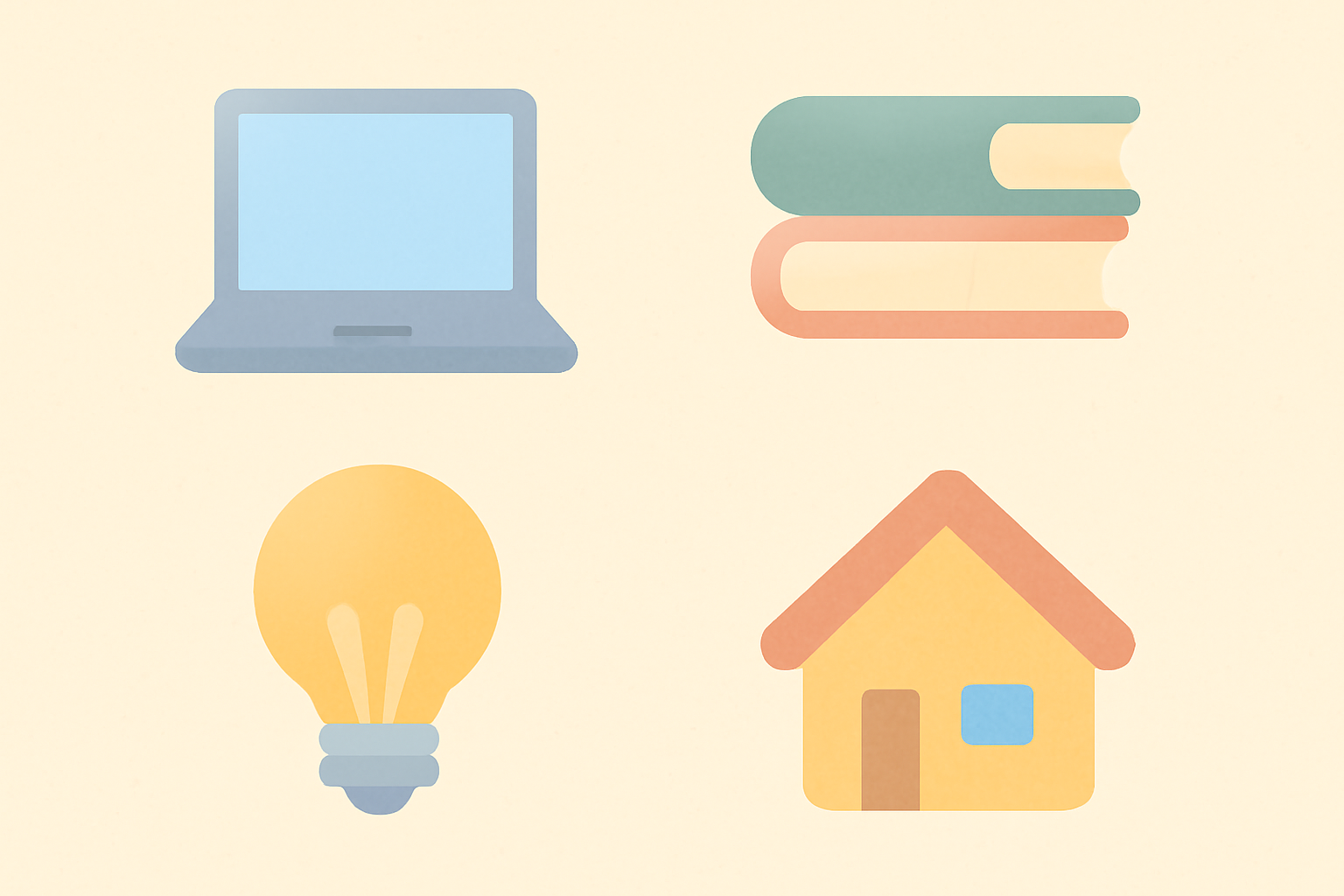 経費に関連する各種アイテム(パソコン、書籍、電球、家のアイコン)が並んだフラットイラスト、パステルカラー、テキストなし