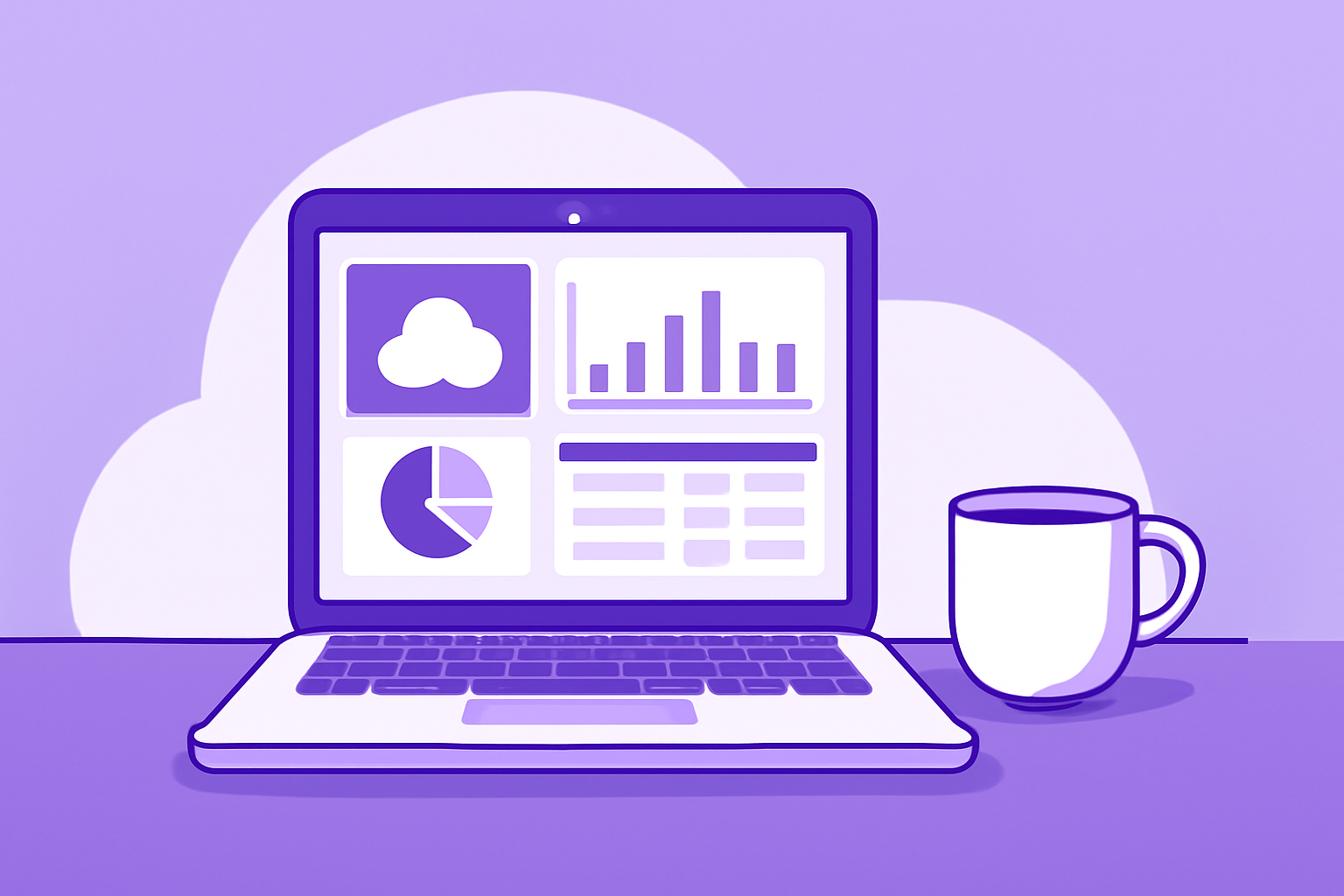クラウド会計ソフトの画面が表示されたノートパソコンと、その横にコーヒーカップが置かれたデスクのフラットイラスト、紫と白の