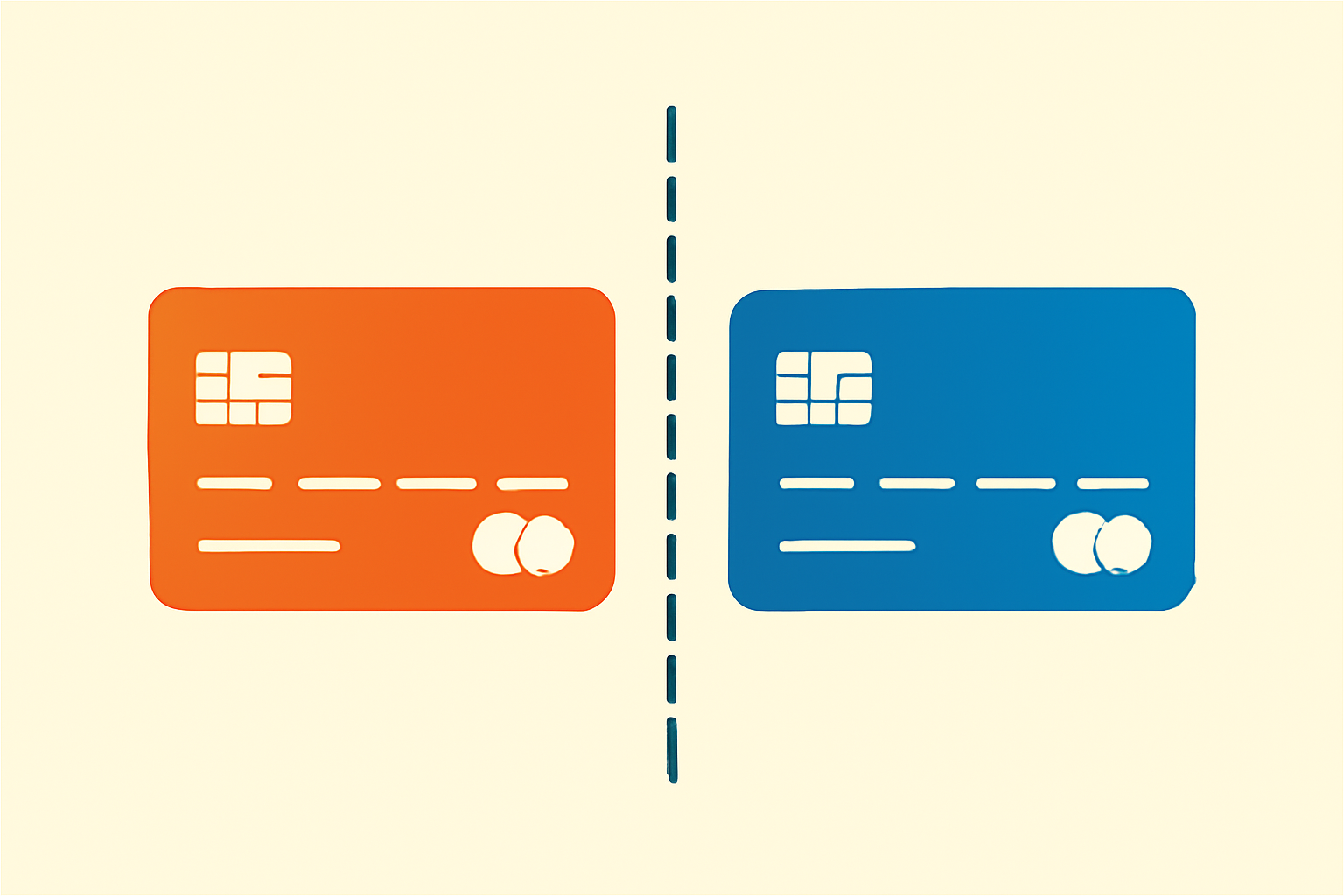 2枚のクレジットカードが仕事用とプライベート用に分かれているイメージのフラットイラスト、オレンジと青の二色構成、テキスト