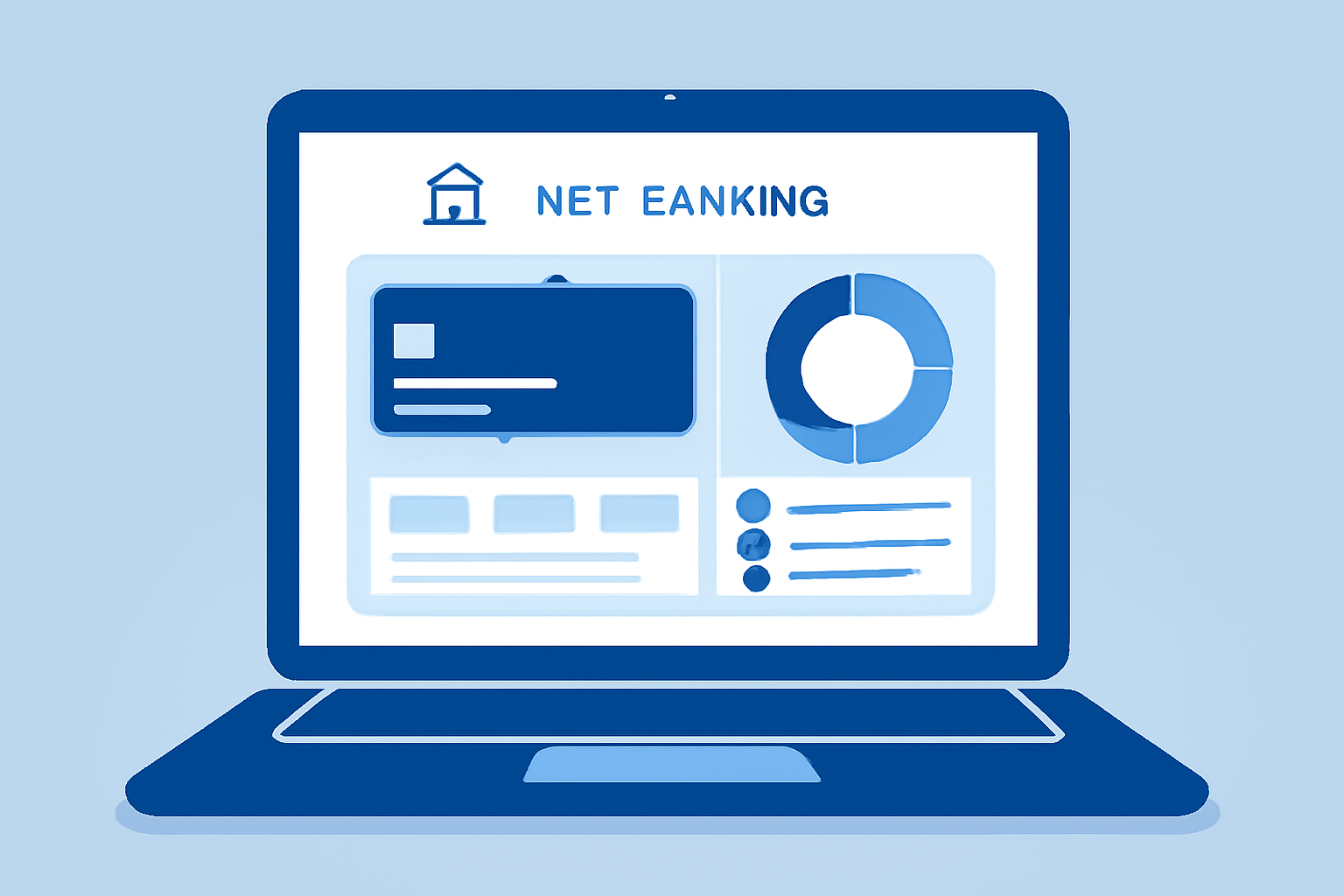 ノートパソコンの画面にネットバンキングのダッシュボードが表示されているフラットイラスト、青と白のカラー、テキストなし
