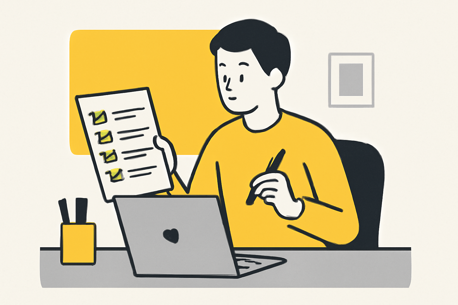 チェックリストを確認しながらデスクワークをする人物のフラットイラスト、黄色とグレーの配色、テキストなし