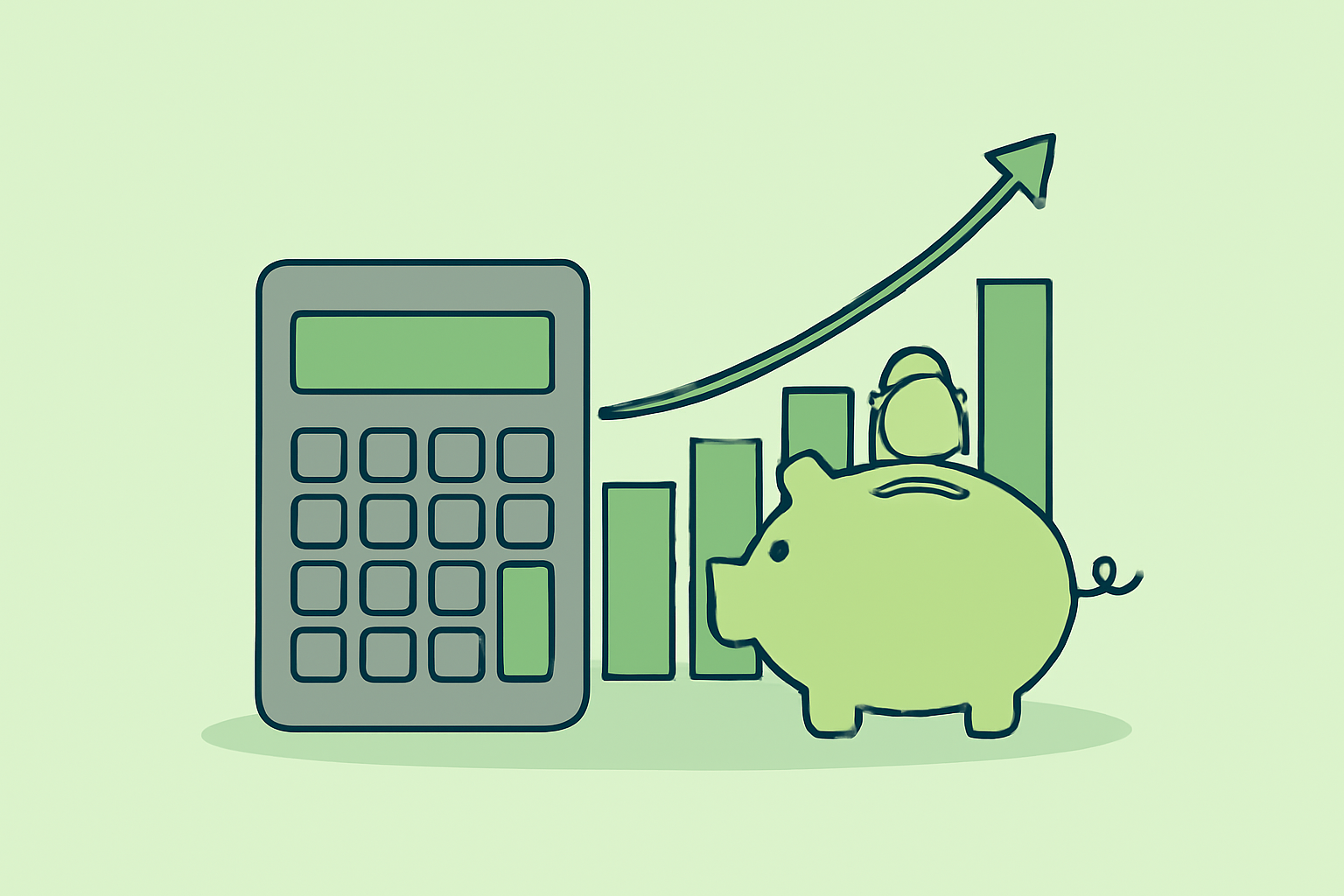 電卓と貯金箱と上向き矢印のグラフが描かれた節税イメージのフラットイラスト、黄緑とグレーのカラー、テキストなし