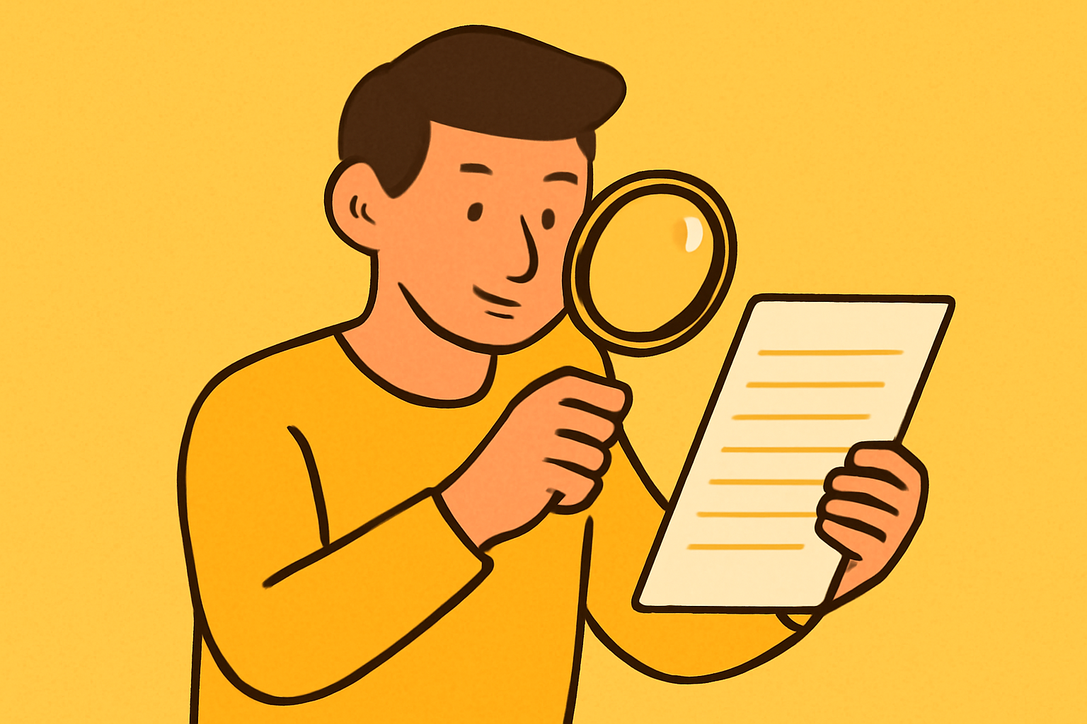 虫眼鏡で書類を確認している人物のフラットイラスト、黄色系カラー、テキストなし