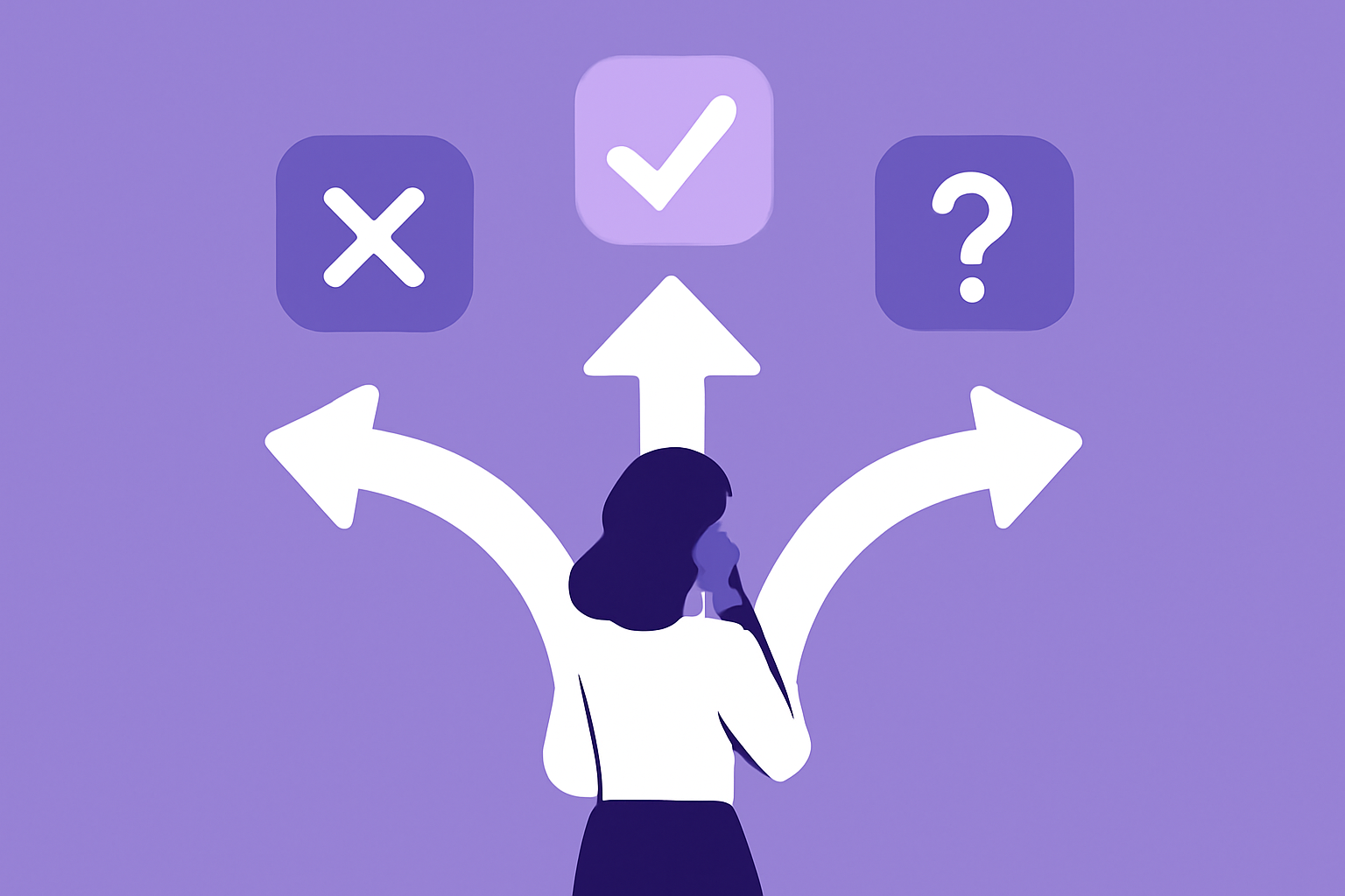 分岐する3本の矢印とそれぞれの選択肢を示すフラットイラスト、紫と白の配色、テキストなし