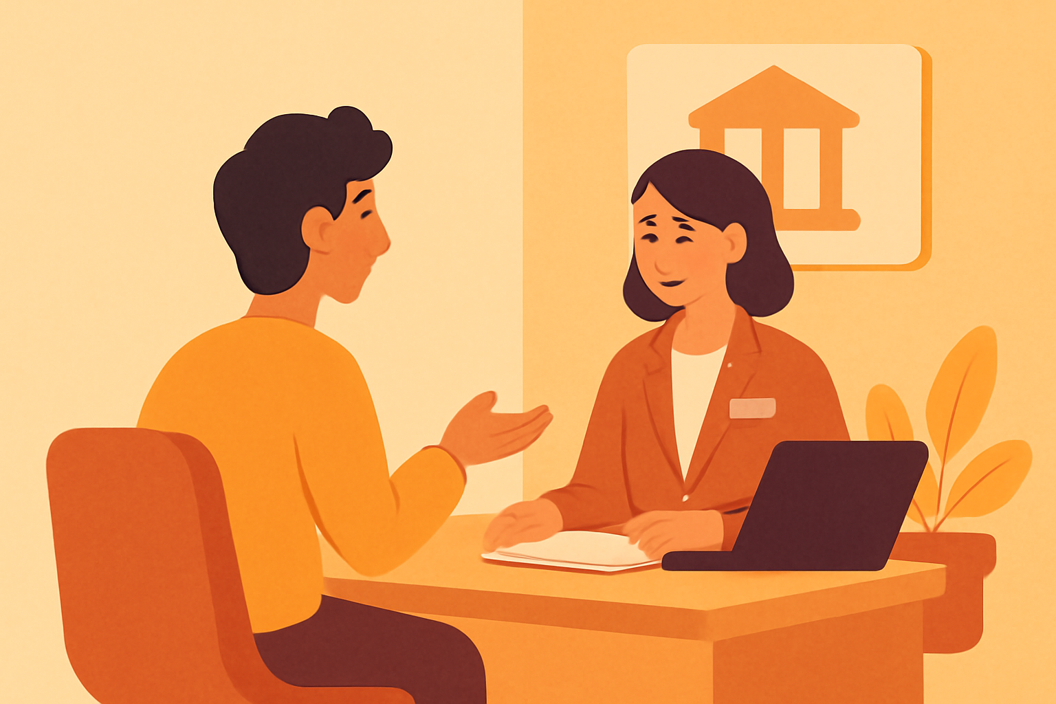 銀行の窓口でスタッフと相談しているフリーランスのフラットイラスト、暖色系カラー、テキストなし