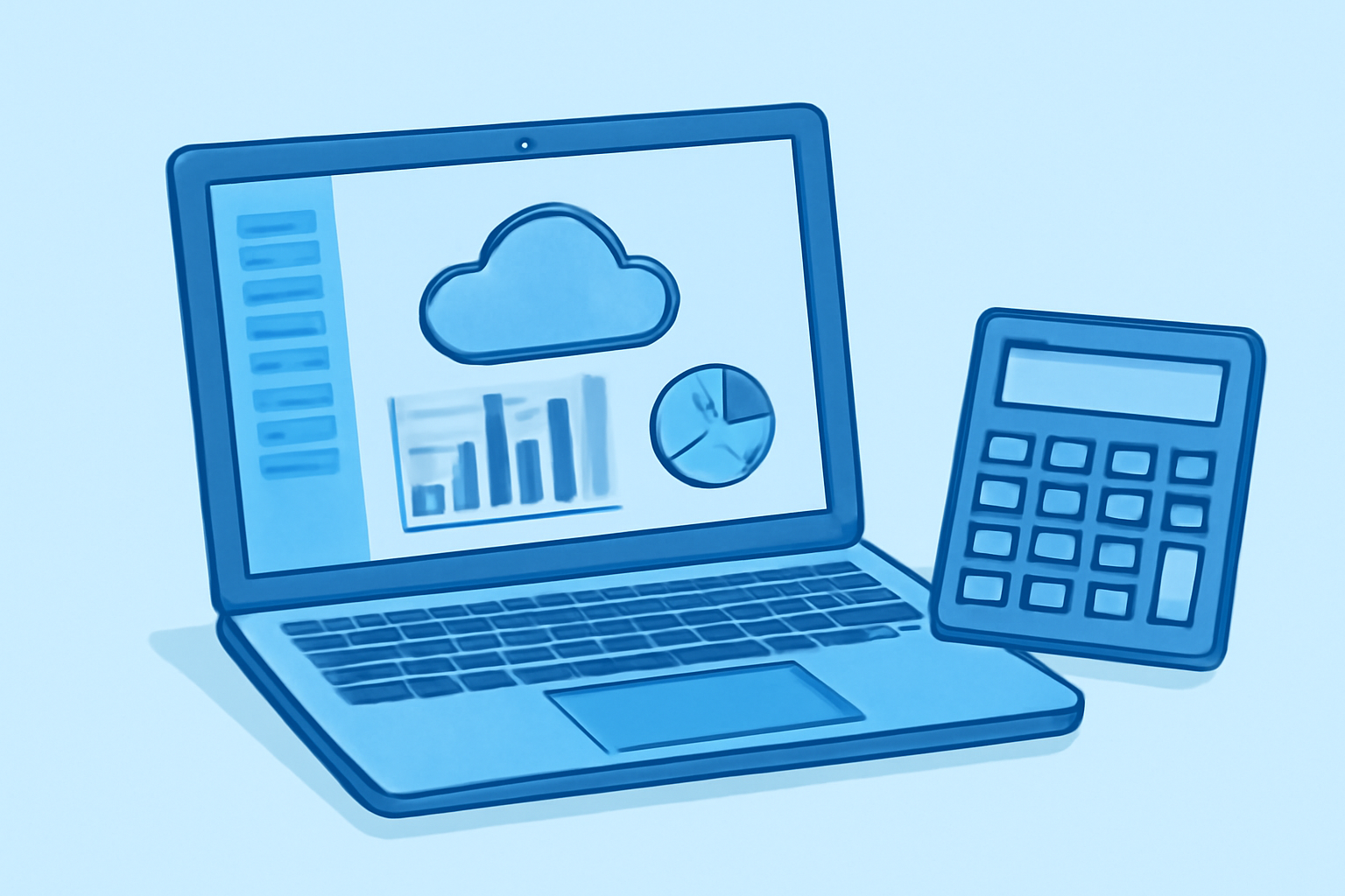 クラウド会計ソフトの画面を表示したノートパソコンと計算機のフラットイラスト、青系カラー、テキストなし