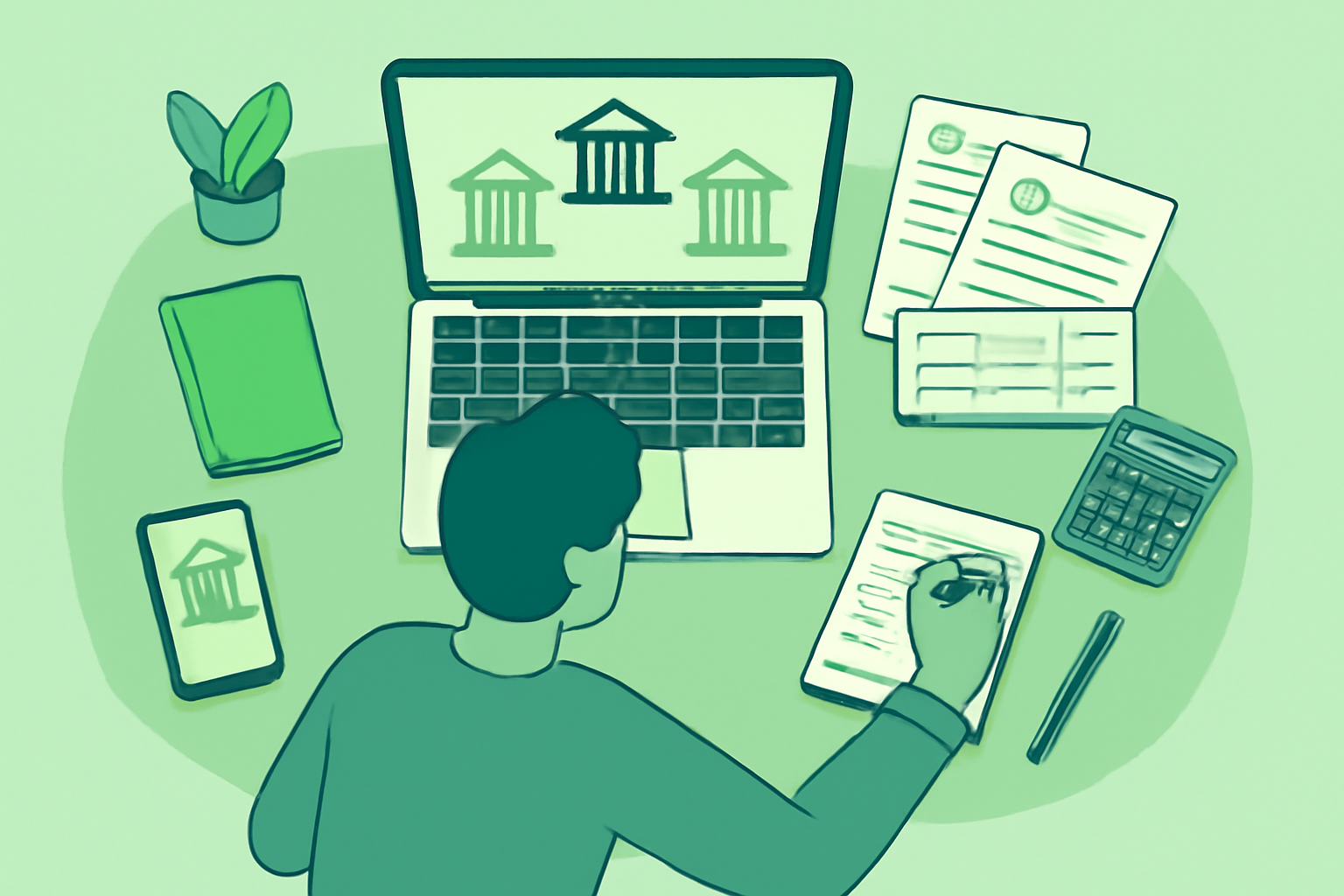 複数の銀行口座を整理して管理しているフリーランスの作業デスクのフラットイラスト、緑と青のカラー、テキストなし