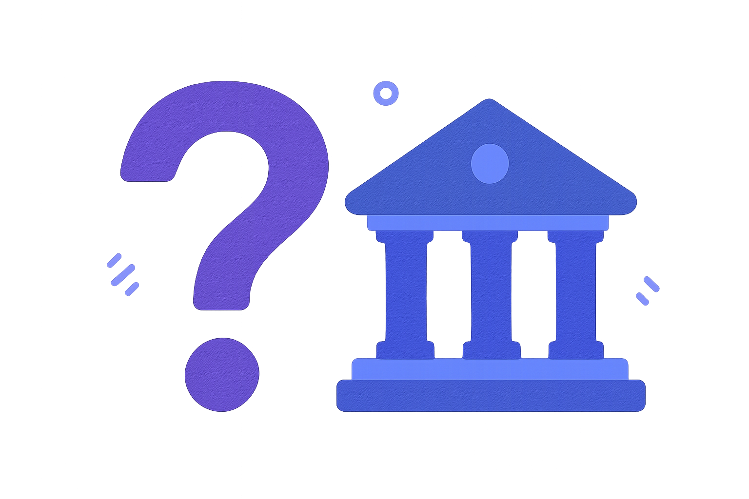 クエスチョンマークと銀行のアイコンが並んでいるフラットイラスト、紫と青のカラー、テキストなし