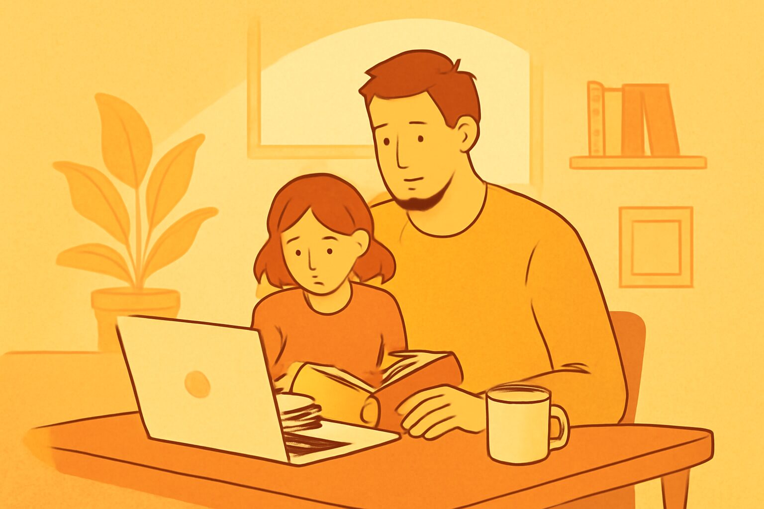 自宅でパソコン作業をしながら子どもと一緒にいる親のフラットイラスト、温かみのあるオレンジ・イエロー系カラー、テキストなし