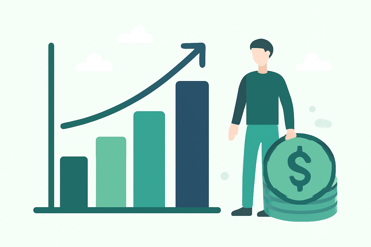 文字単価の帯グラフと収入レンジを示すインフォグラフィック風フラットイラスト、グリーン×ネイビー系、テキストなし
