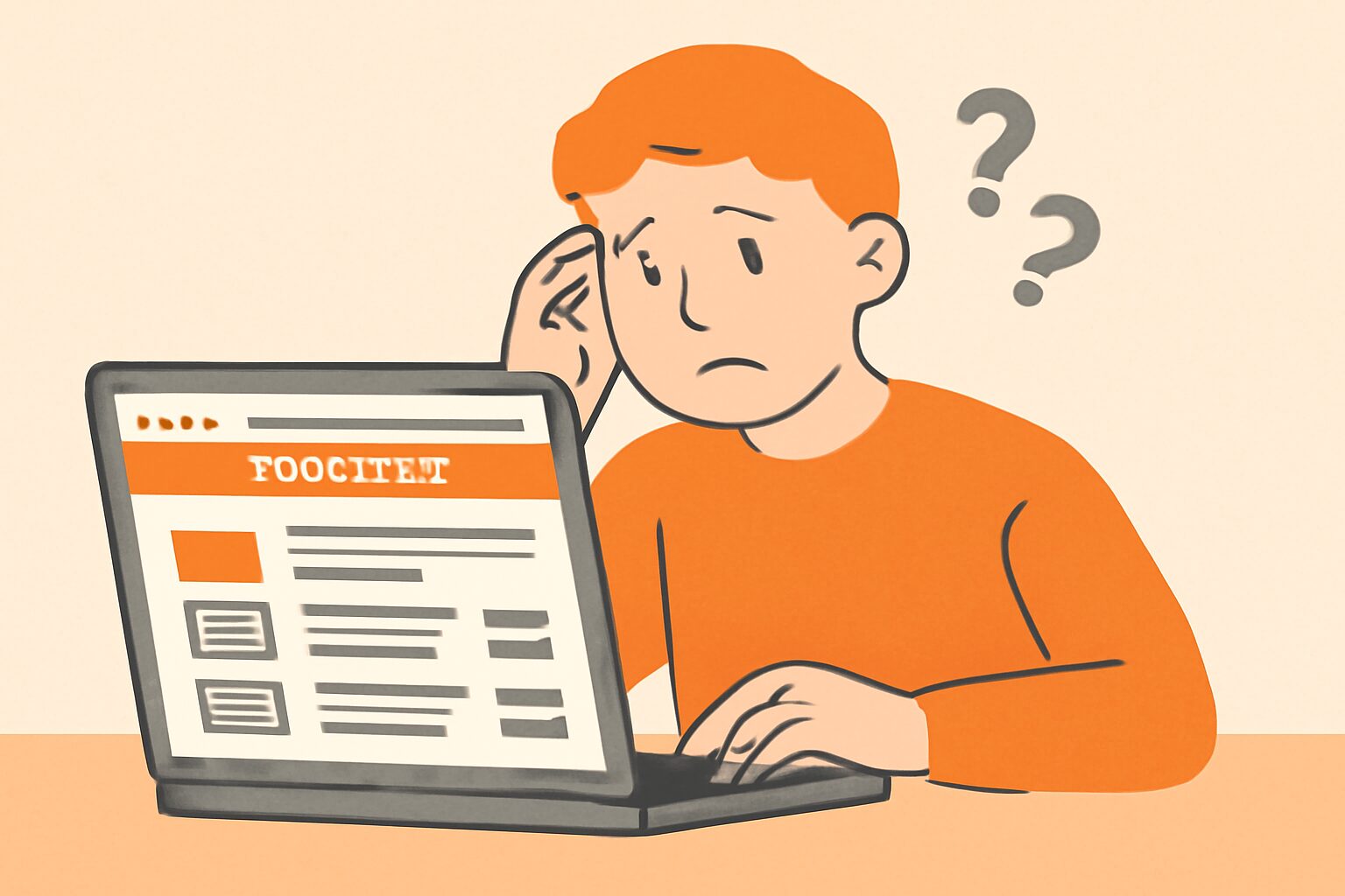 クラウドソーシングサイトの画面を見ながら困惑した表情をしている人物のフラットイラスト、オレンジ・グレー系カラー、テキスト