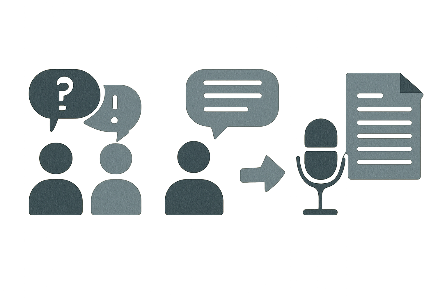 3種類の取材記事フォーマット(Q&A形式・モノローグ形式・ルポ形式)を比較した図解、アイコンと矢印を使ったフラットデザイ