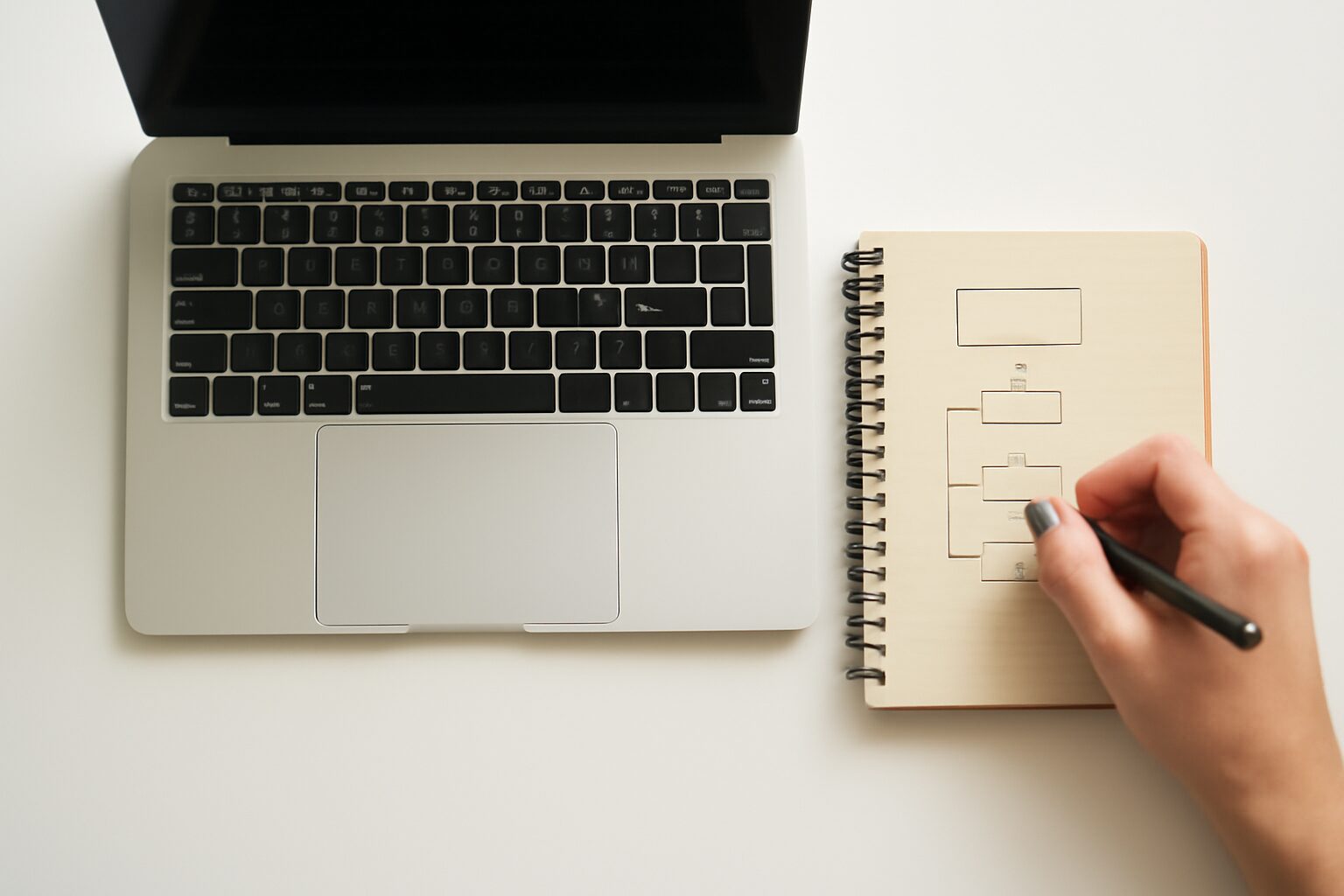白いデスクの上にノートパソコンと手書きのメモ帳が並んでいる俯瞰写真。ブリーフィング資料を作成しているイメージ。テキストな