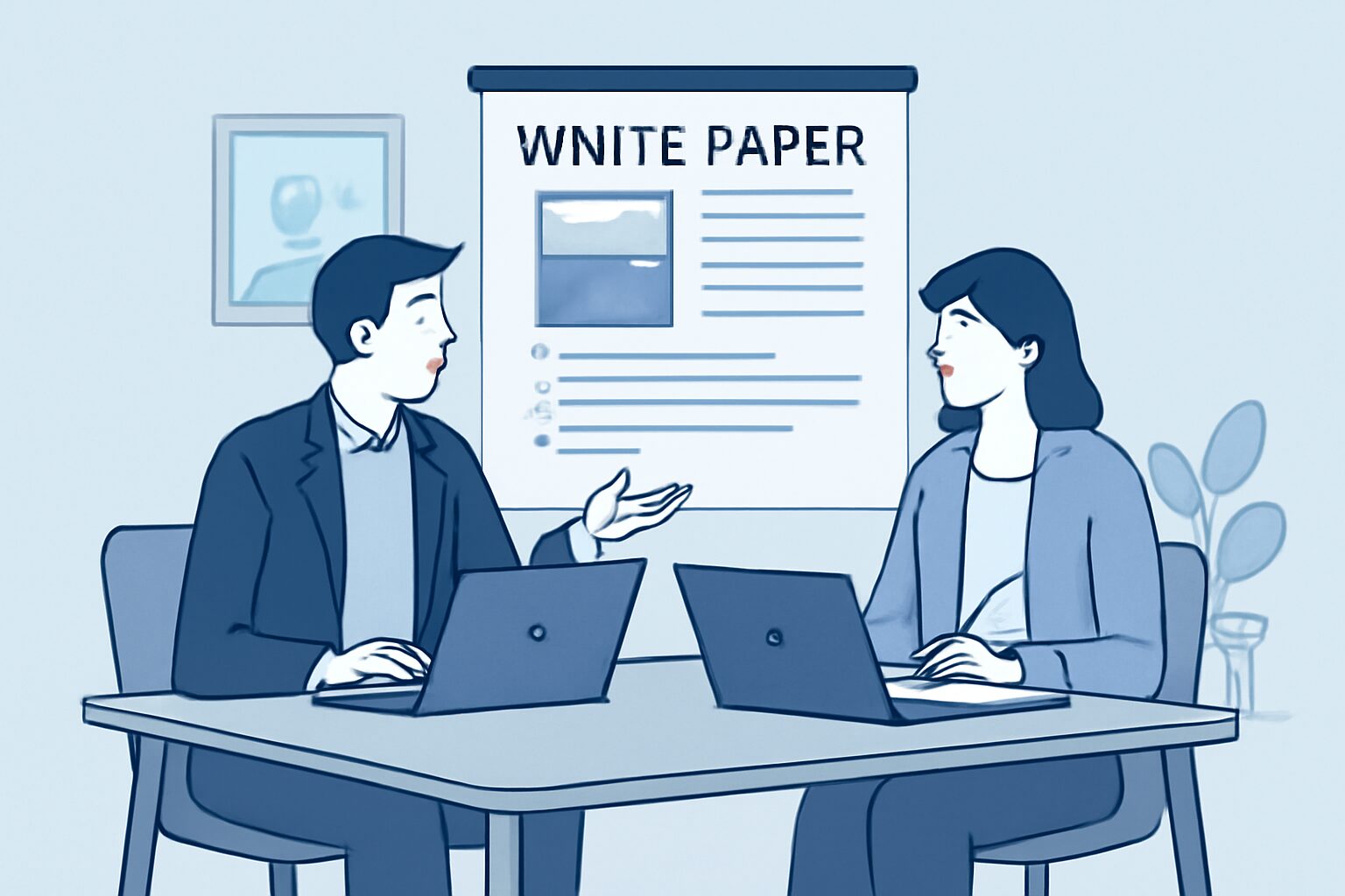 BtoB企業のマーケティング担当者がホワイトペーパーの企画をライターと打ち合わせしている場面のフラットイラスト、ブルー・