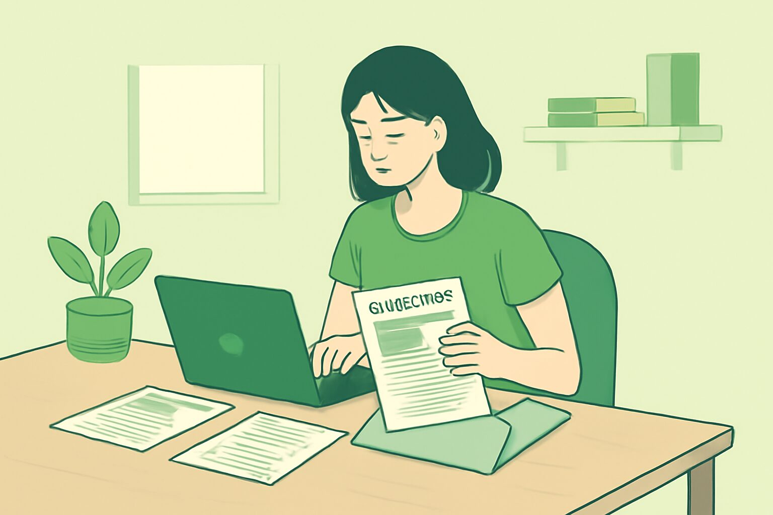 Webライターがパソコンの前でポートフォリオを整理している様子のフラットイラスト、デスクと資料が並ぶ清潔感のある作業空間