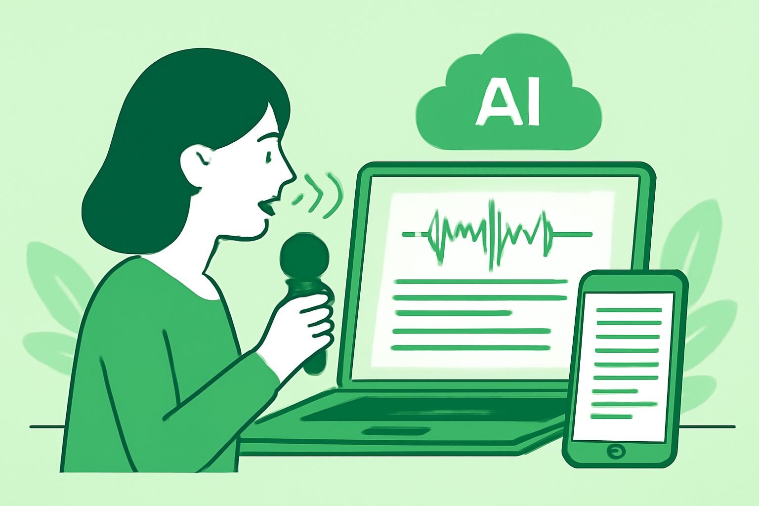 ライターがパソコンとスマートフォンで音声をAIに読み込ませ、テキストが自動生成される様子を表したフラットイラスト、グリー