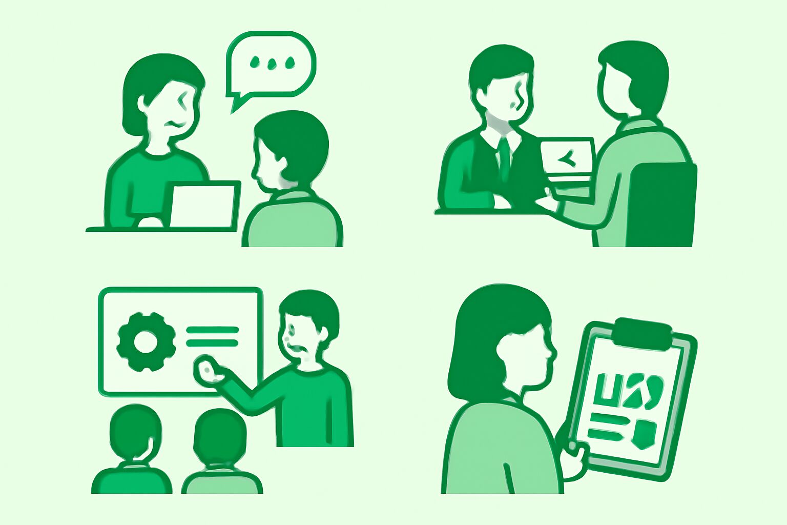 4つのシチュエーション（社員インタビュー・採用面接・導入事例・市場調査）をアイコンで表したフラットイラスト、グリーン×ホ