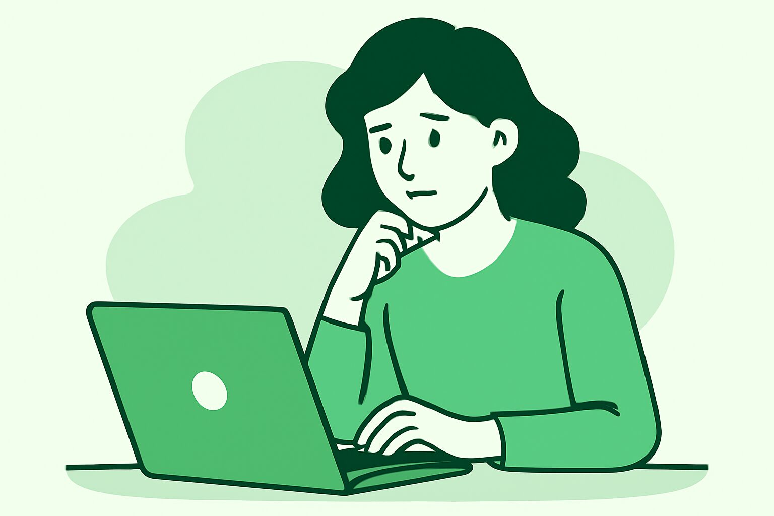 フリーランスがノートパソコンの前で思案している様子のフラットイラスト、グリーン＆ホワイト系カラー、テキストなし