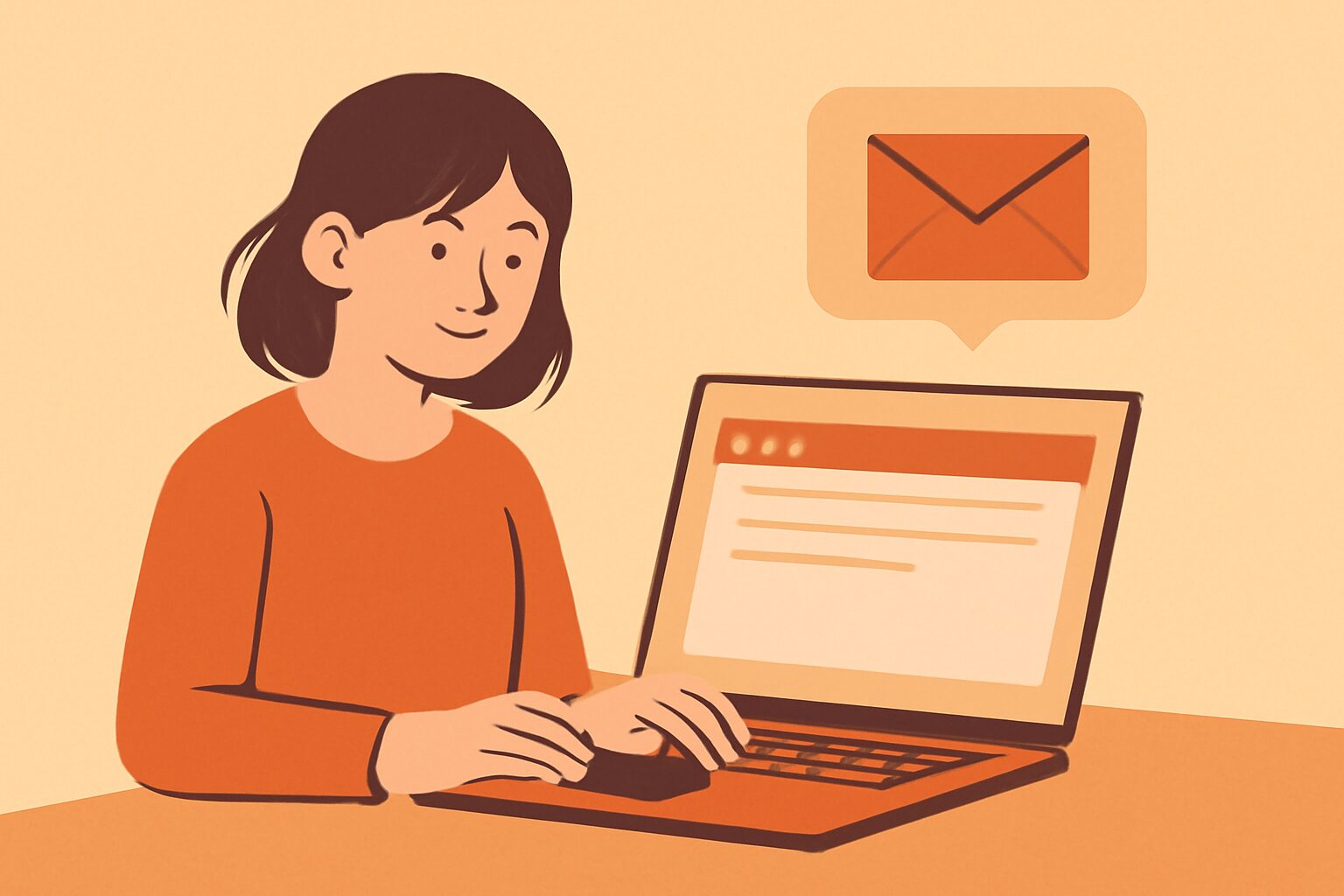 Webライターがパソコンでメールを作成している様子のフラットイラスト、暖色系カラー、テキストなし