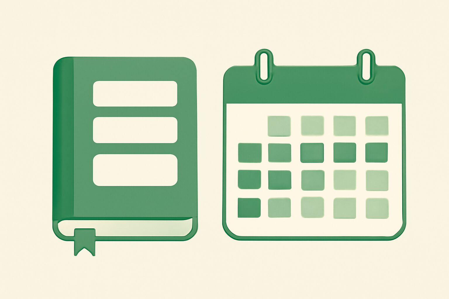 日次・週次・月次のルーティンを表す手帳とカレンダーのフラットイラスト、グリーンとホワイトのカラーパレット、テキストなし