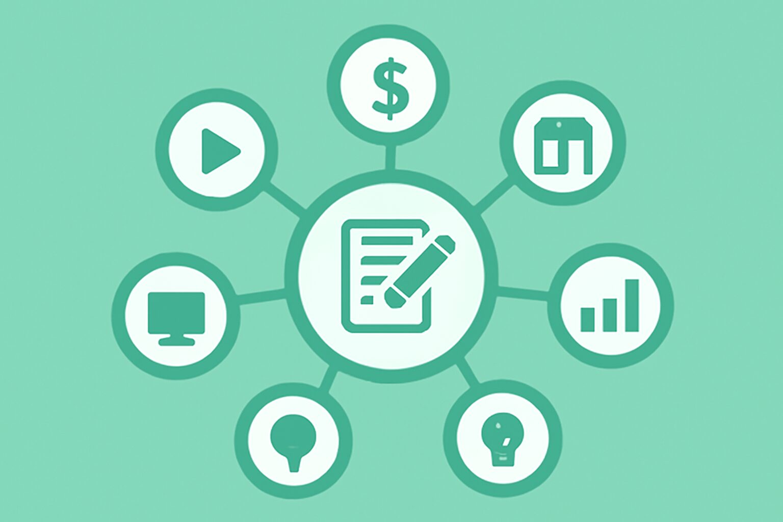 ライタースキルを中心に複数の収益源が広がる放射状のダイアグラムイラスト、ミントグリーン×ホワイト系、フラットデザイン、テ