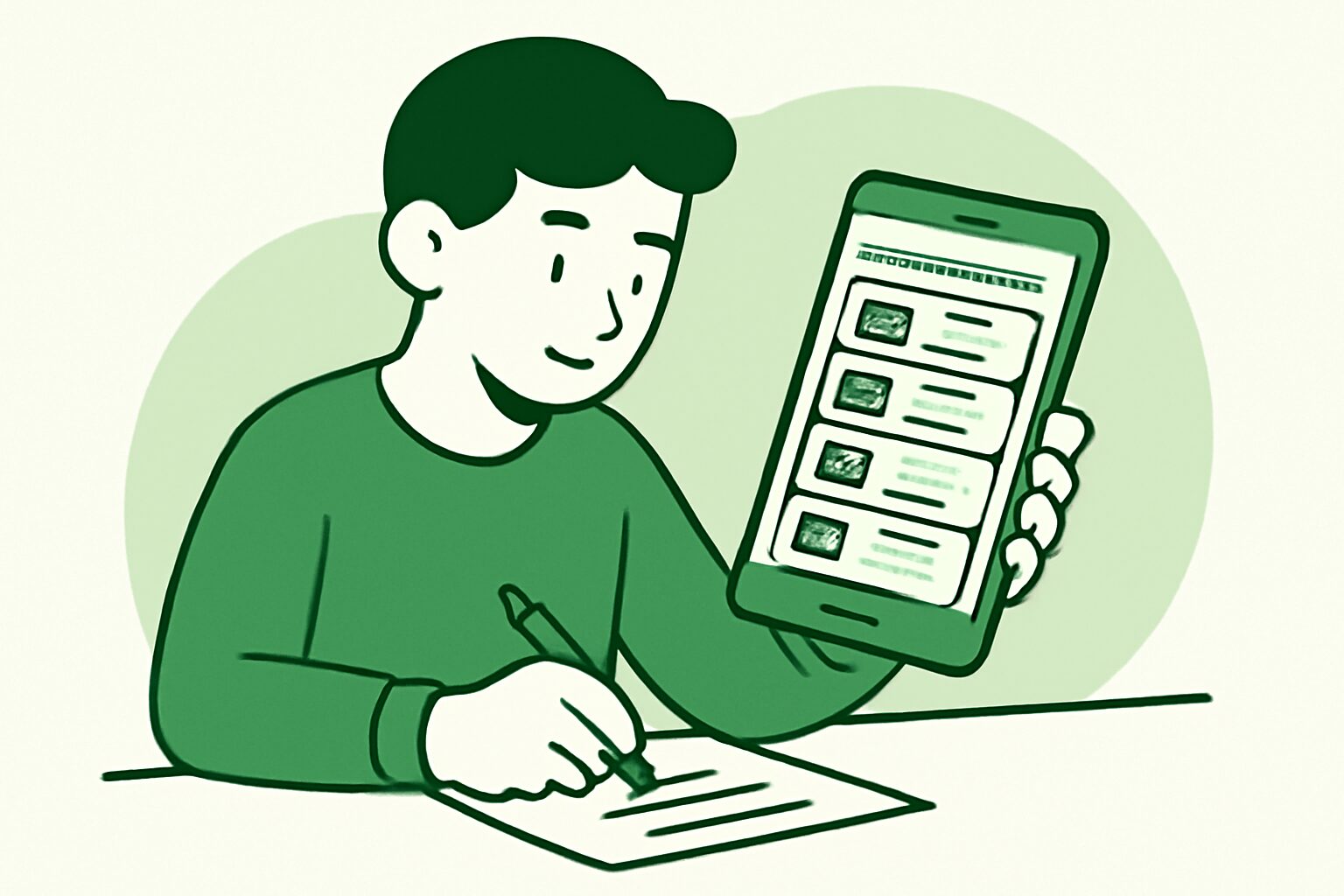 スマートフォンでクラウドソーシングサイトを確認しながらメモを取っている人物のフラットイラスト、グリーン・ホワイト系カラー