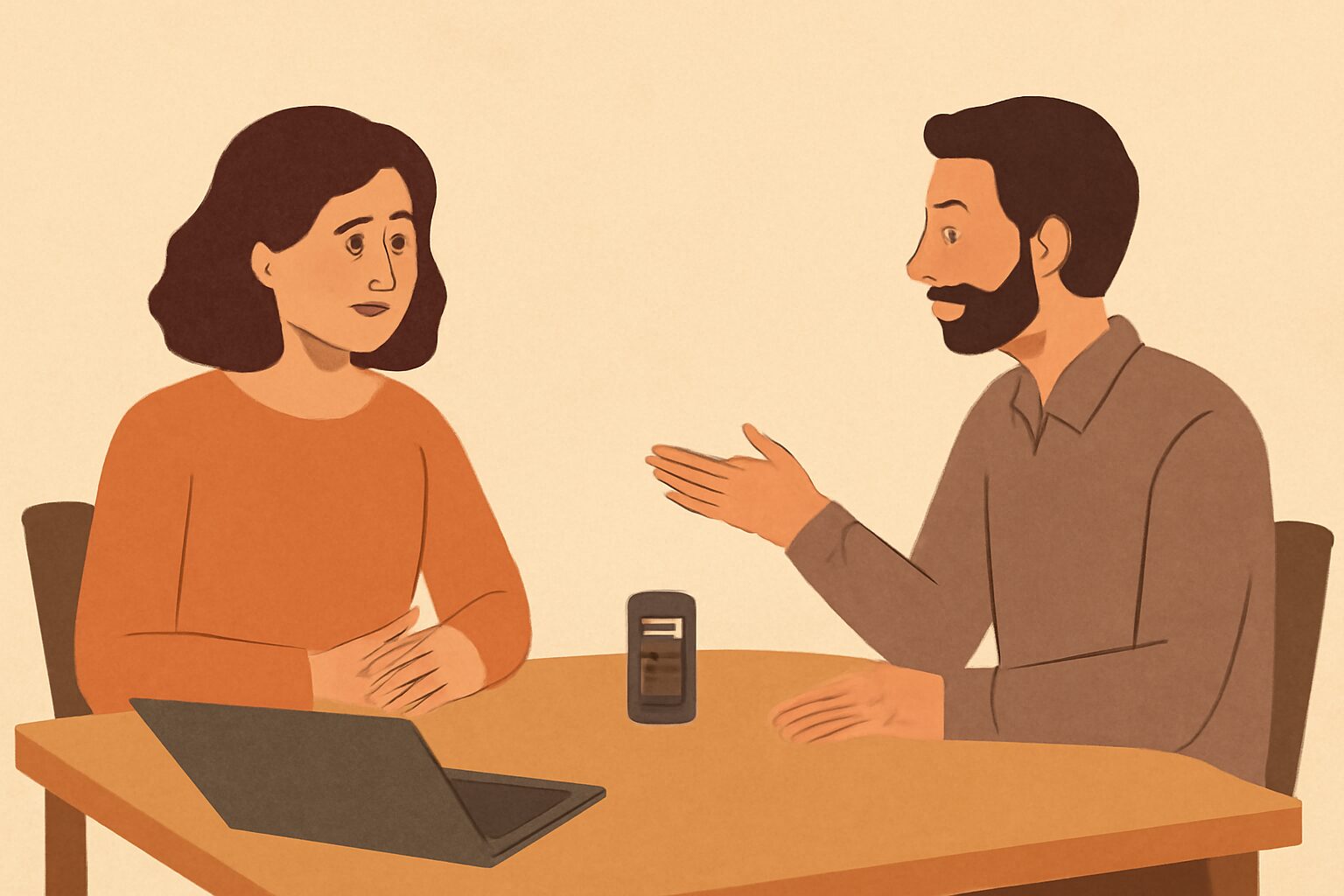 ノートパソコンとICレコーダーを置いたテーブルを挟んでインタビューしている2人のフラットイラスト、温かみのある色調、テキ