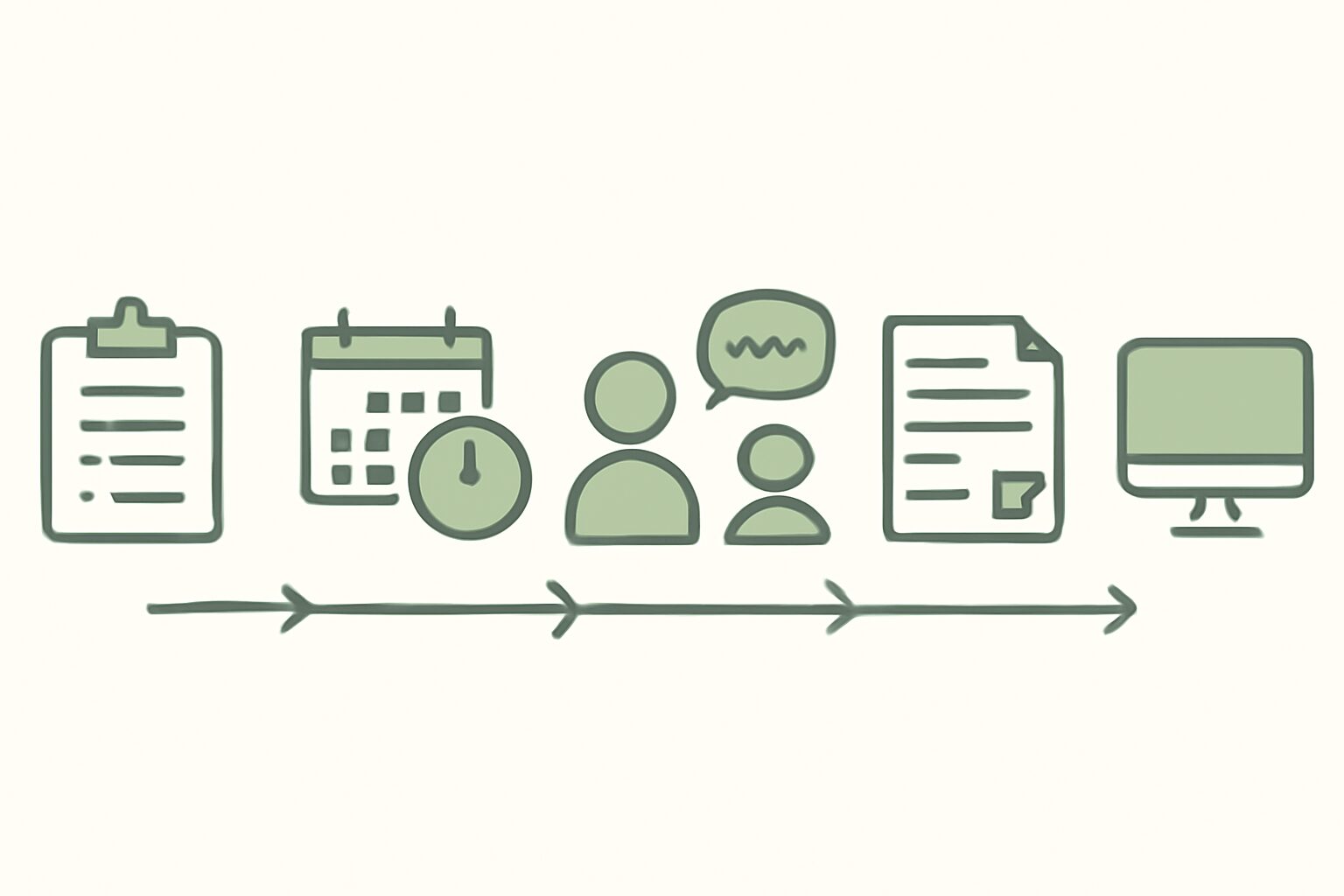 インタビュー依頼から原稿完成までの実務フローを示す横向きのタイムライン図解。依頼・日程調整・当日ヒアリング・原稿確認・公