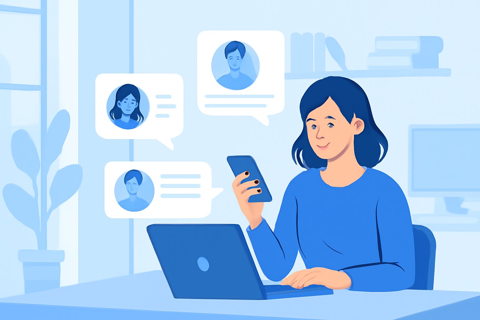 Webライターがスマートフォンとパソコンで複数のクライアントとコミュニケーションをとっているフラットイラスト、明るいオフ